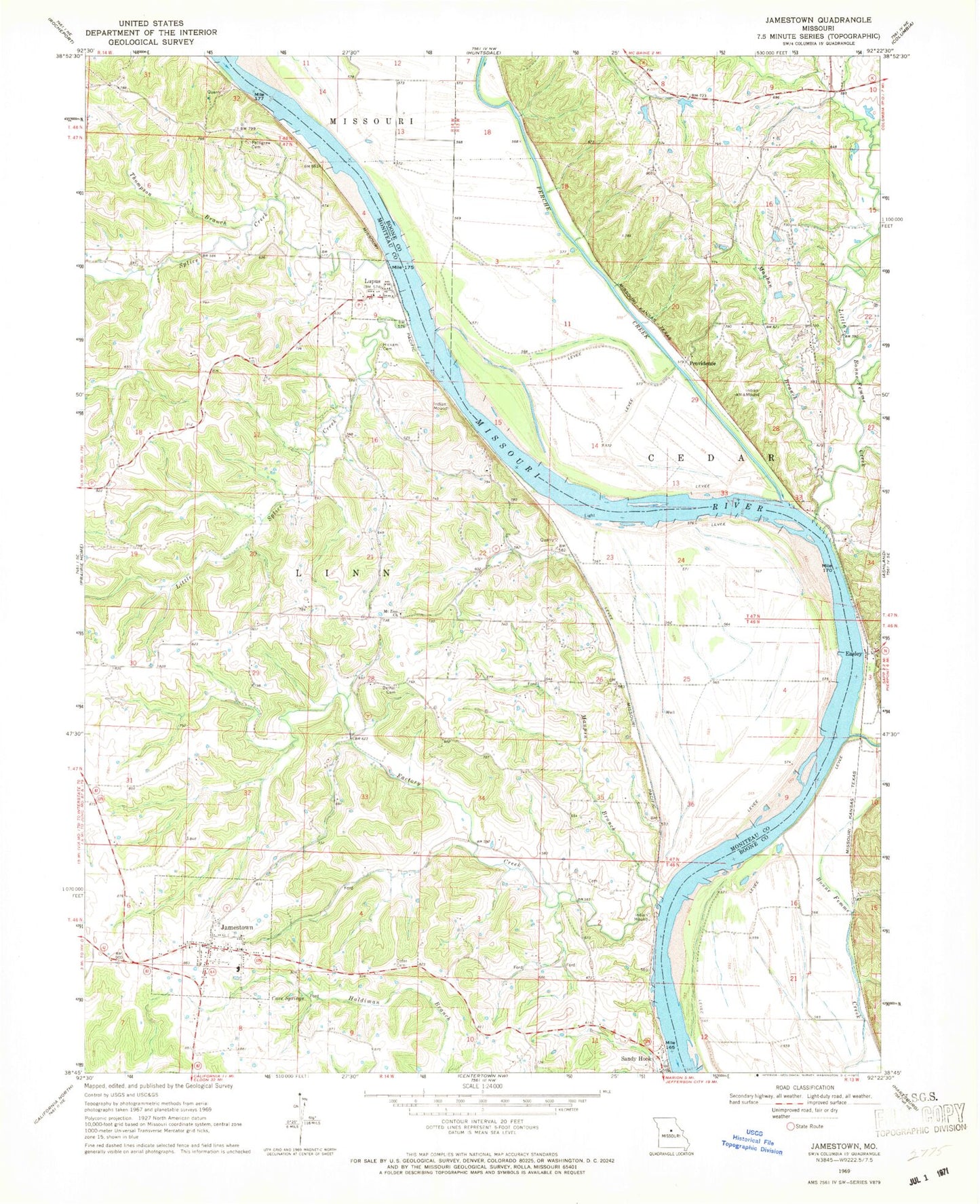 Classic USGS Jamestown Missouri 7.5'x7.5' Topo Map Image