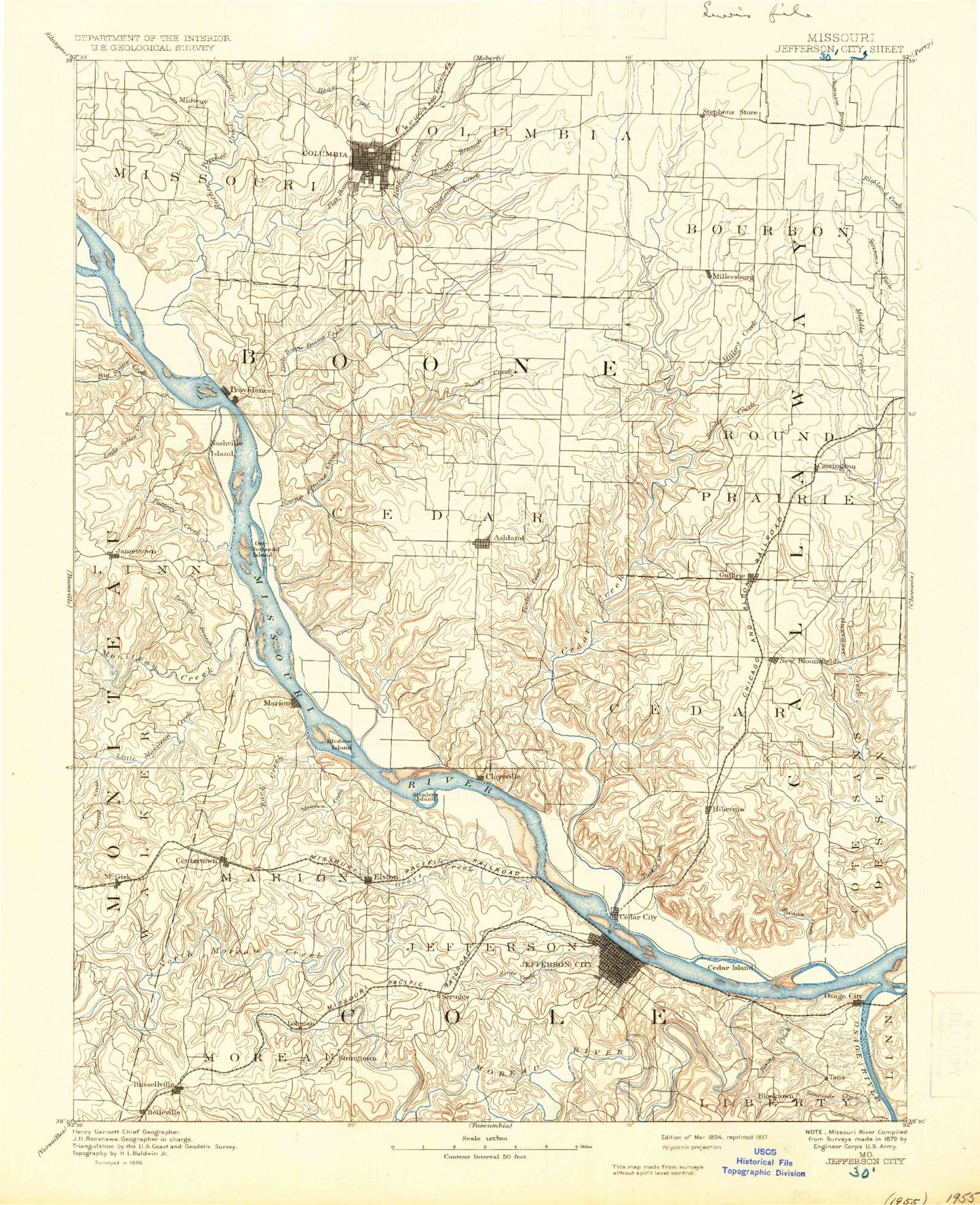 Historic 1894 Jefferson City Missouri 30'x30' Topo Map Image