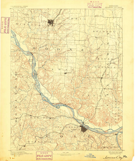 Historic 1886 Jefferson City Missouri 30'x30' Topo Map Image