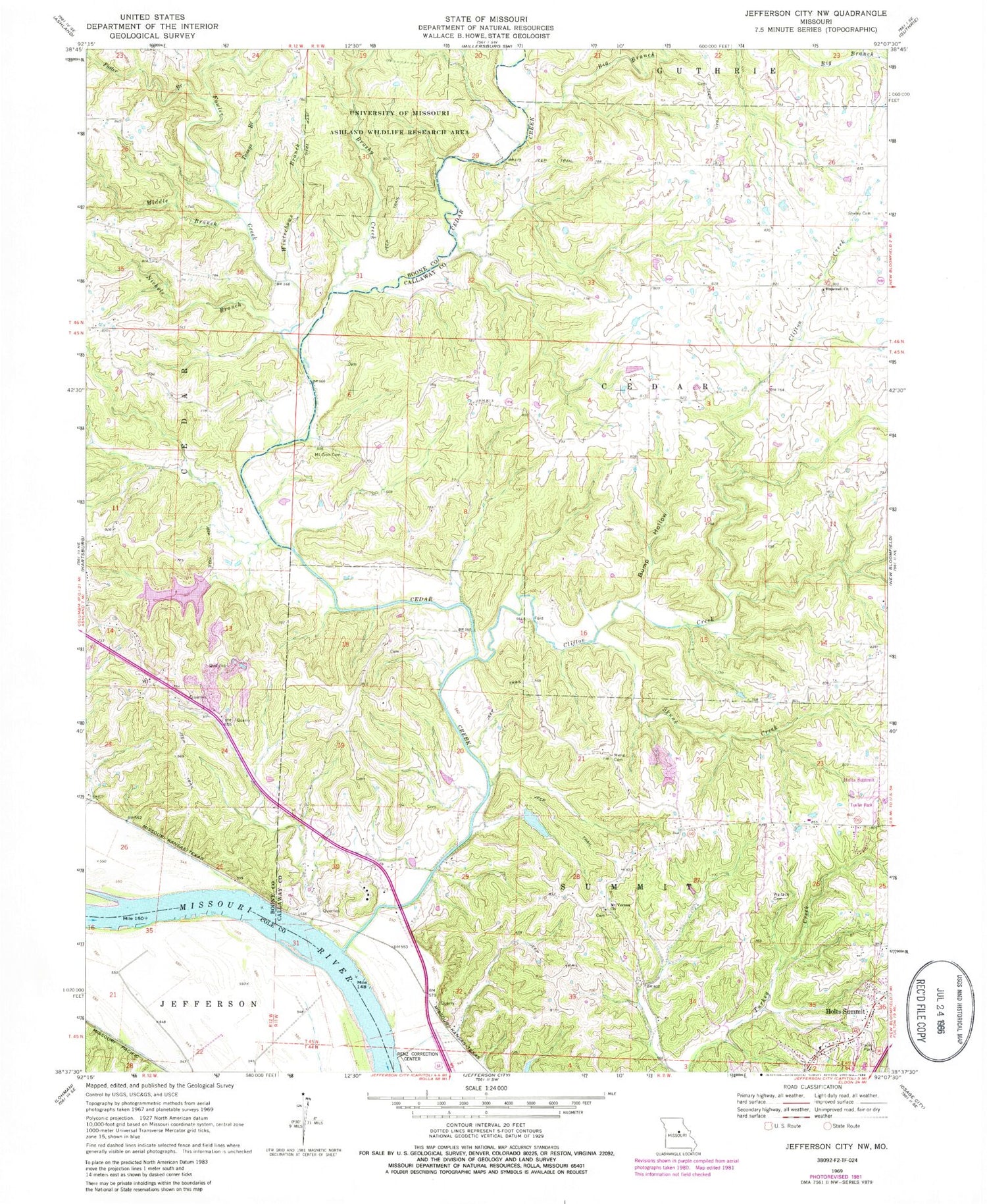 Classic USGS Jefferson City NW Missouri 7.5'x7.5' Topo Map Image