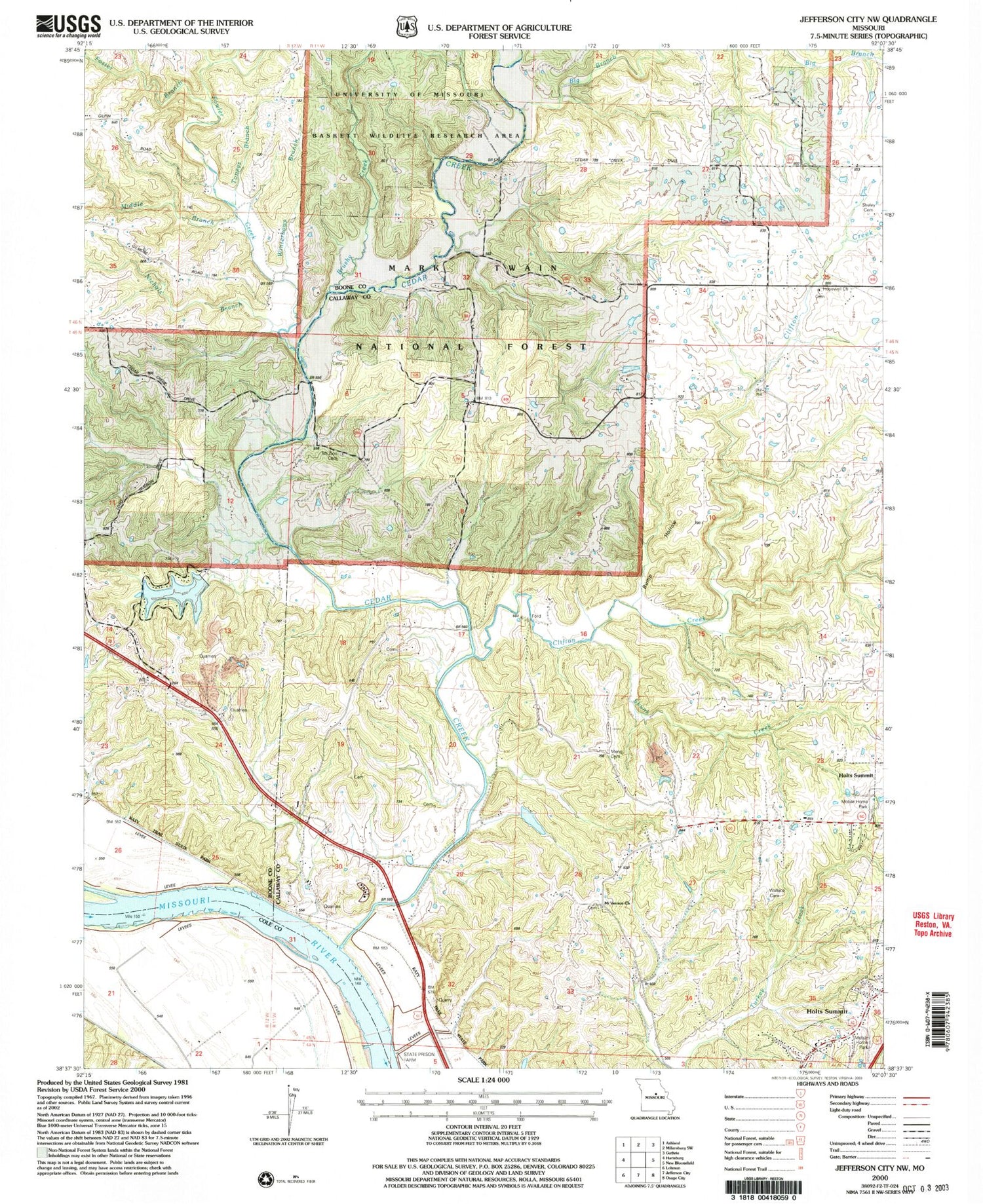 Classic USGS Jefferson City NW Missouri 7.5'x7.5' Topo Map Image