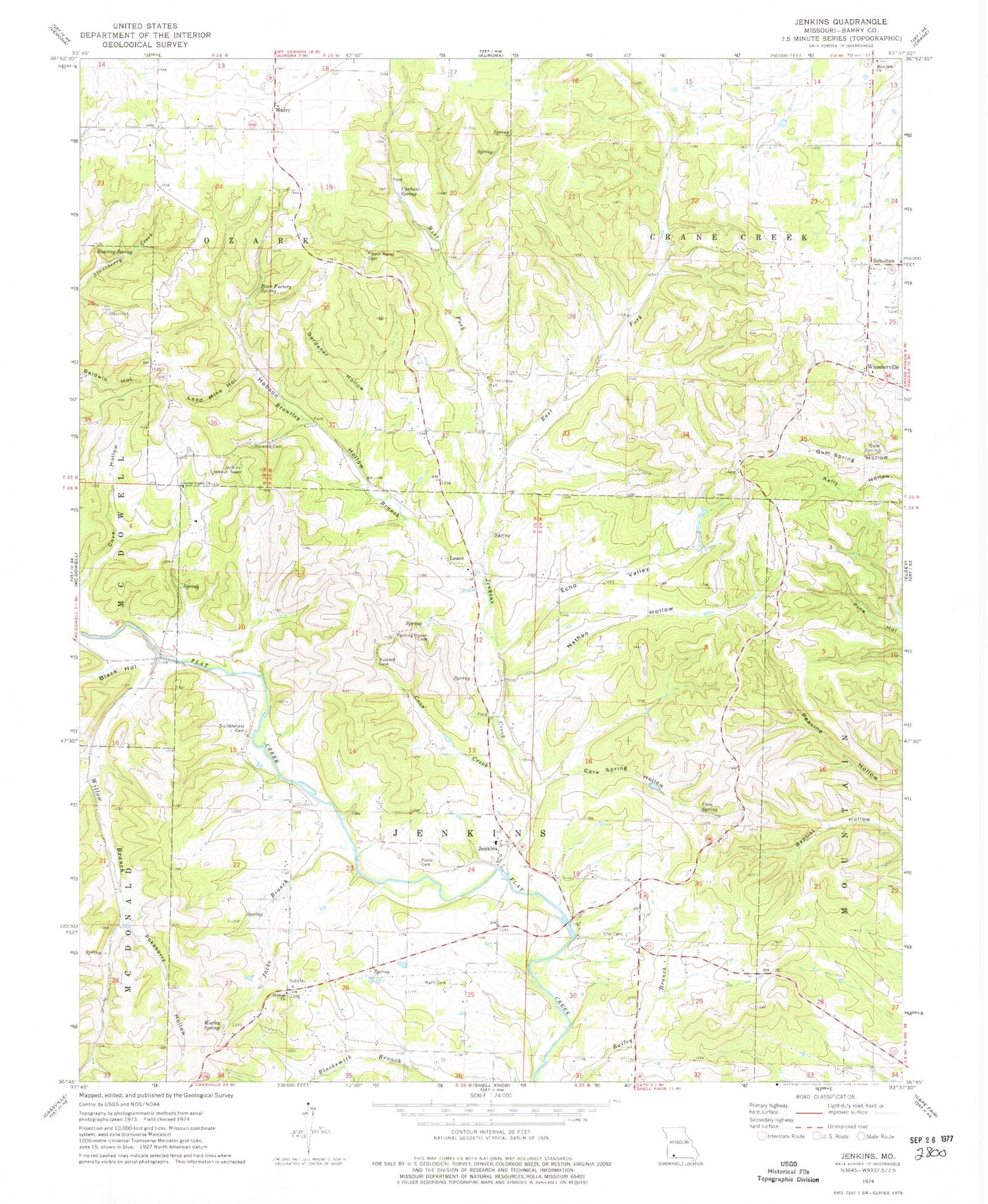 Classic USGS Jenkins Missouri 7.5'x7.5' Topo Map Image