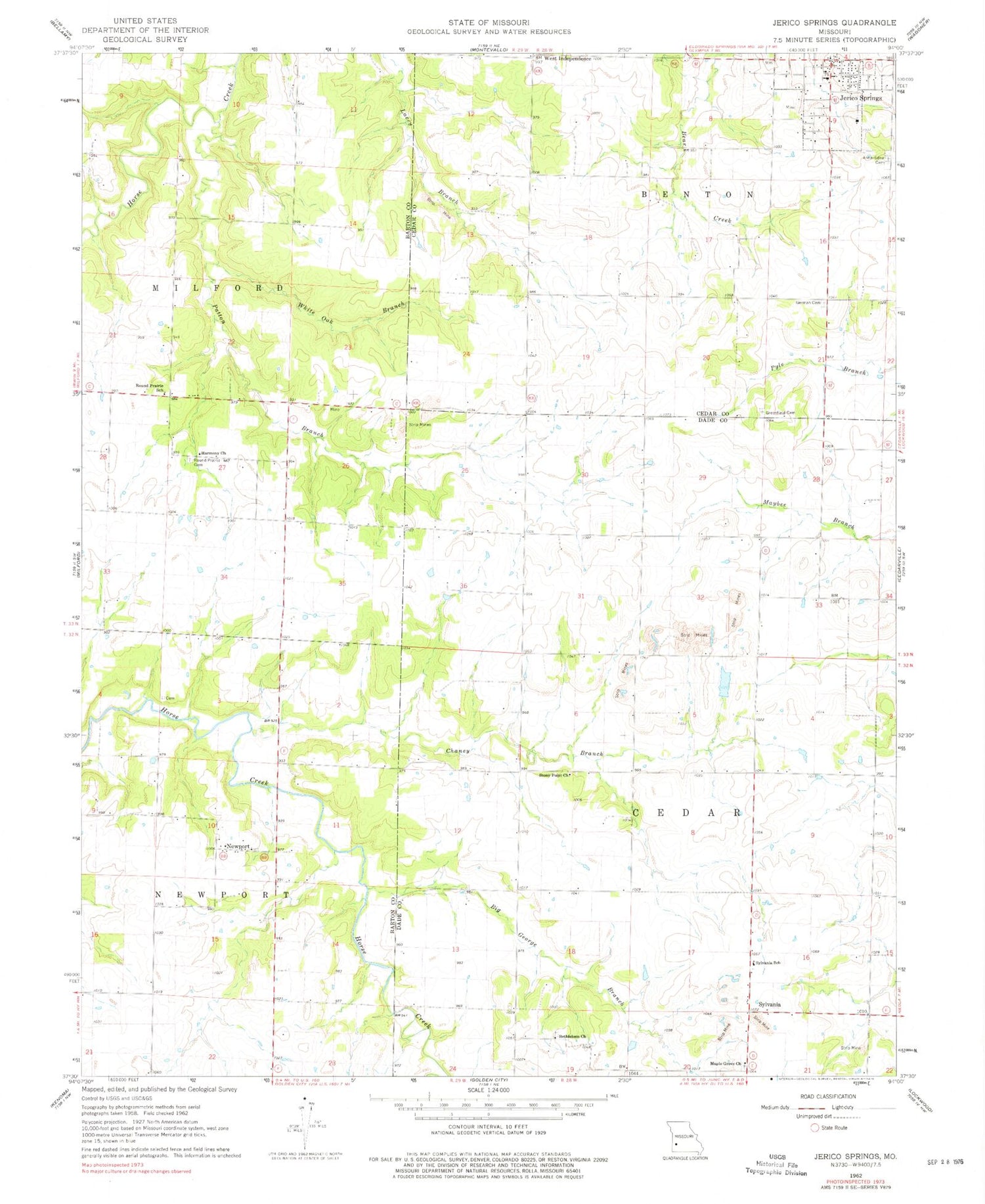 Classic USGS Jerico Springs Missouri 7.5'x7.5' Topo Map Image