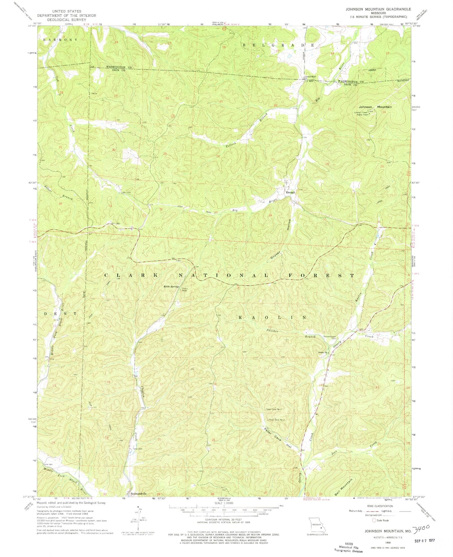 Classic USGS Johnson Mountain Missouri 7.5'x7.5' Topo Map Image