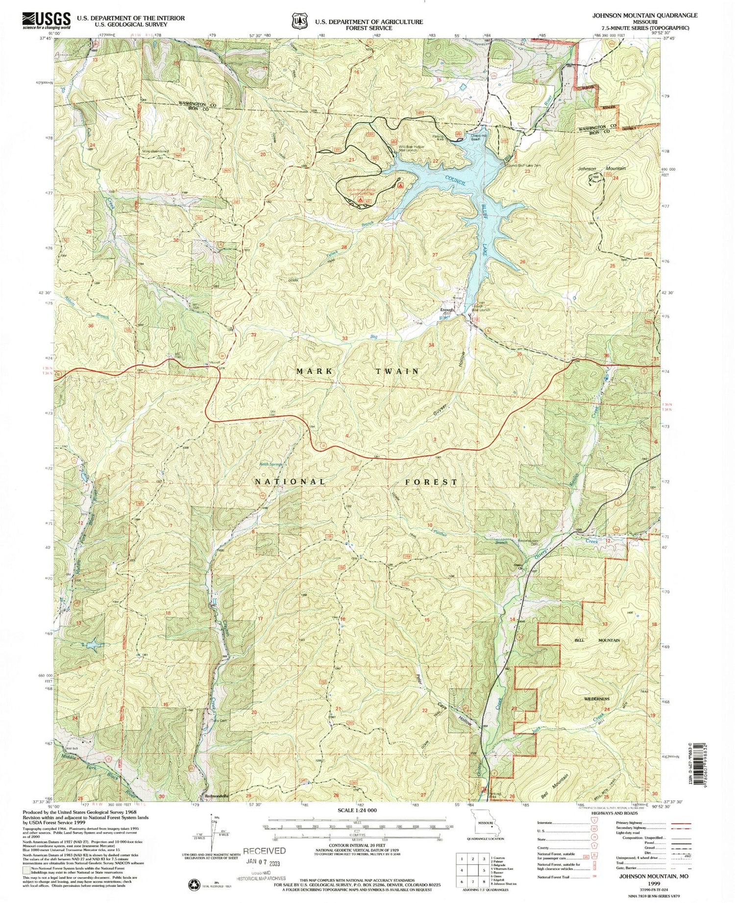 Classic USGS Johnson Mountain Missouri 7.5'x7.5' Topo Map Image