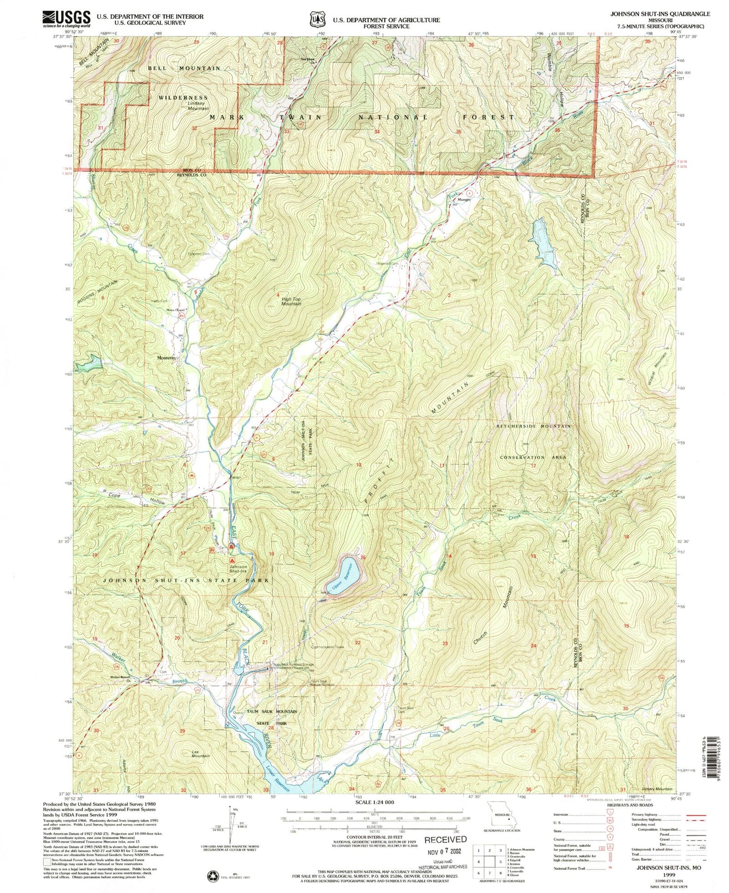 USGS Classic Johnson Shut-Ins Missouri 7.5'x7.5' Topo Map Image