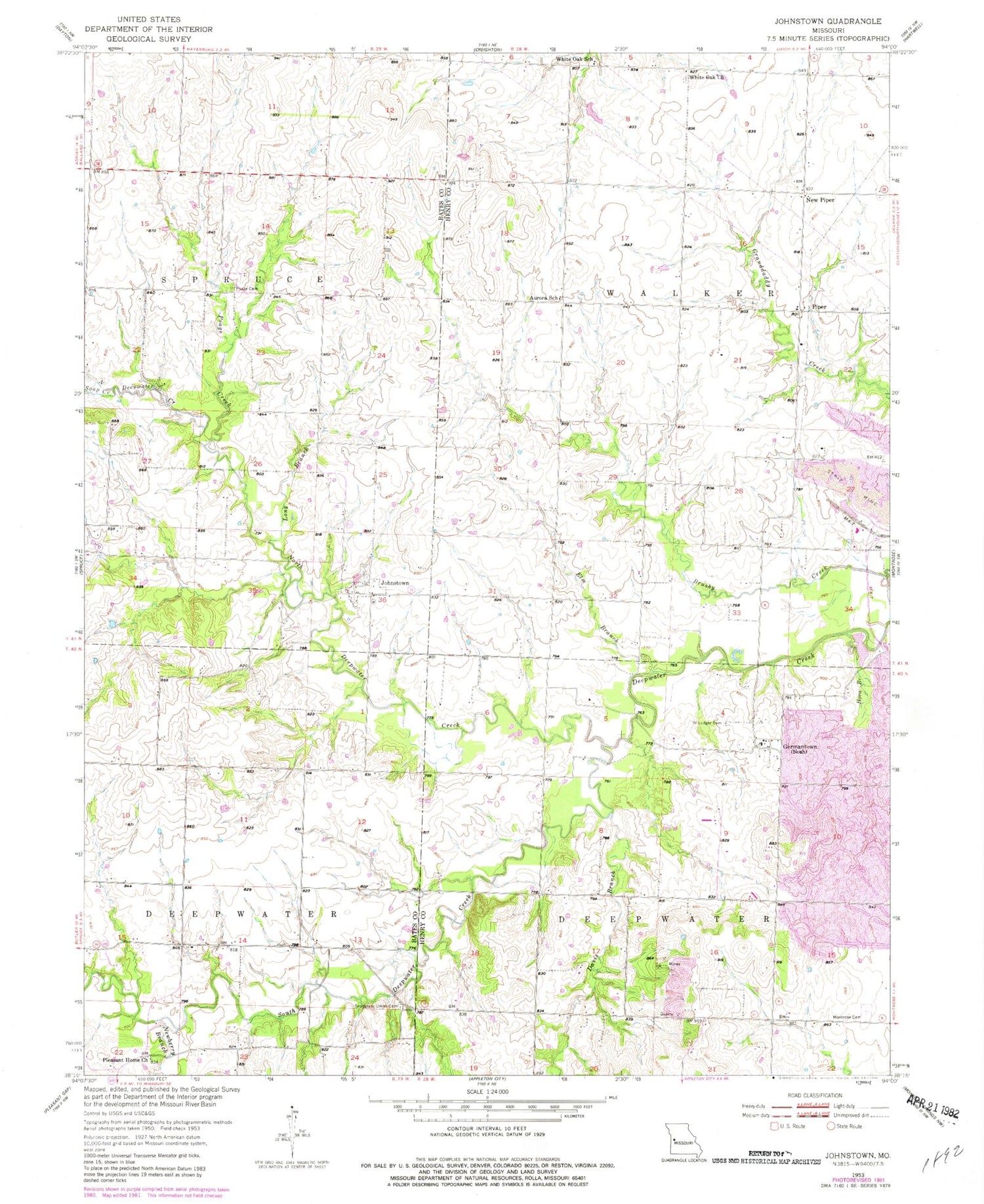 Classic USGS Johnstown Missouri 7.5'x7.5' Topo Map Image