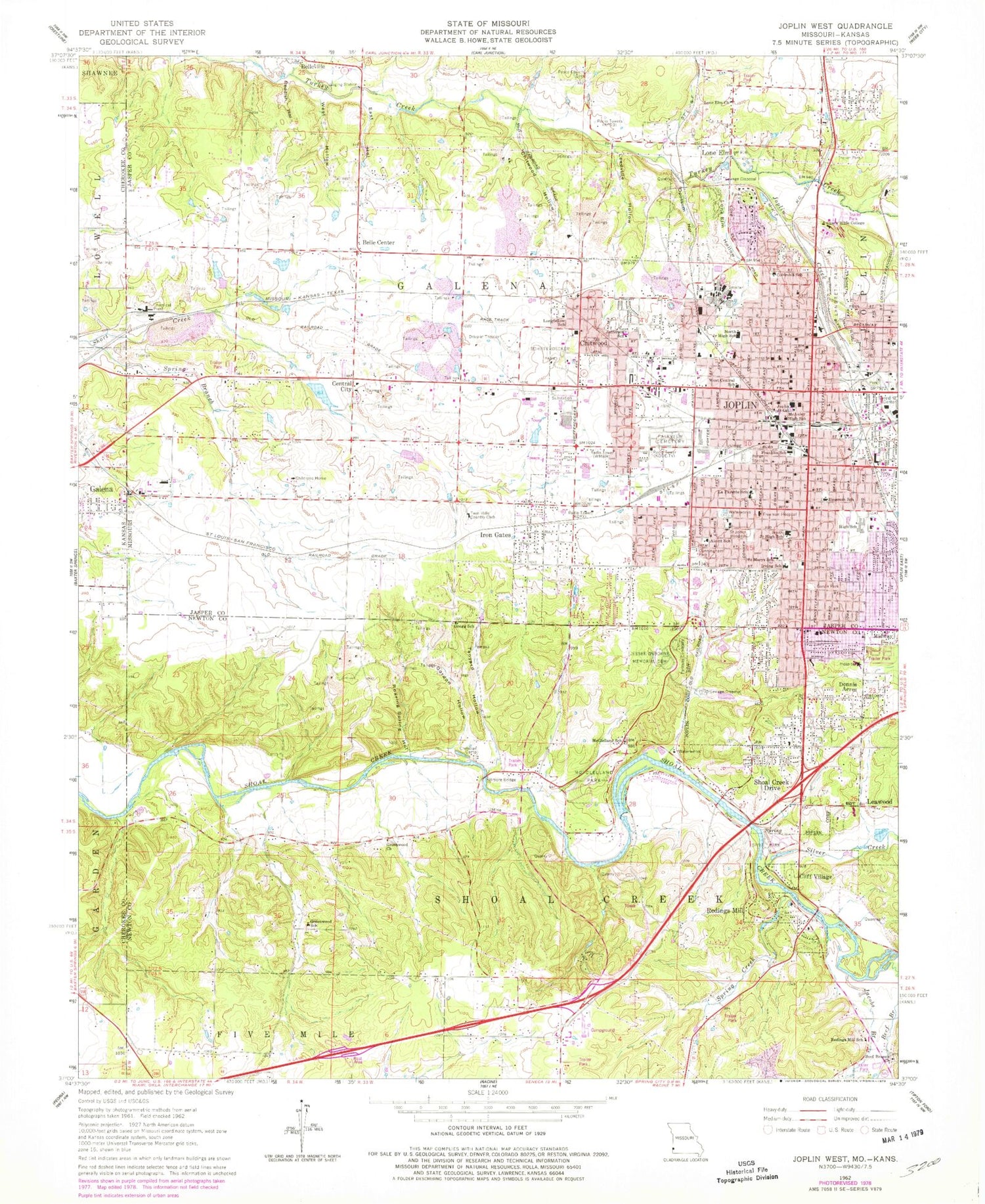 Classic USGS Joplin West Missouri 7.5'x7.5' Topo Map Image