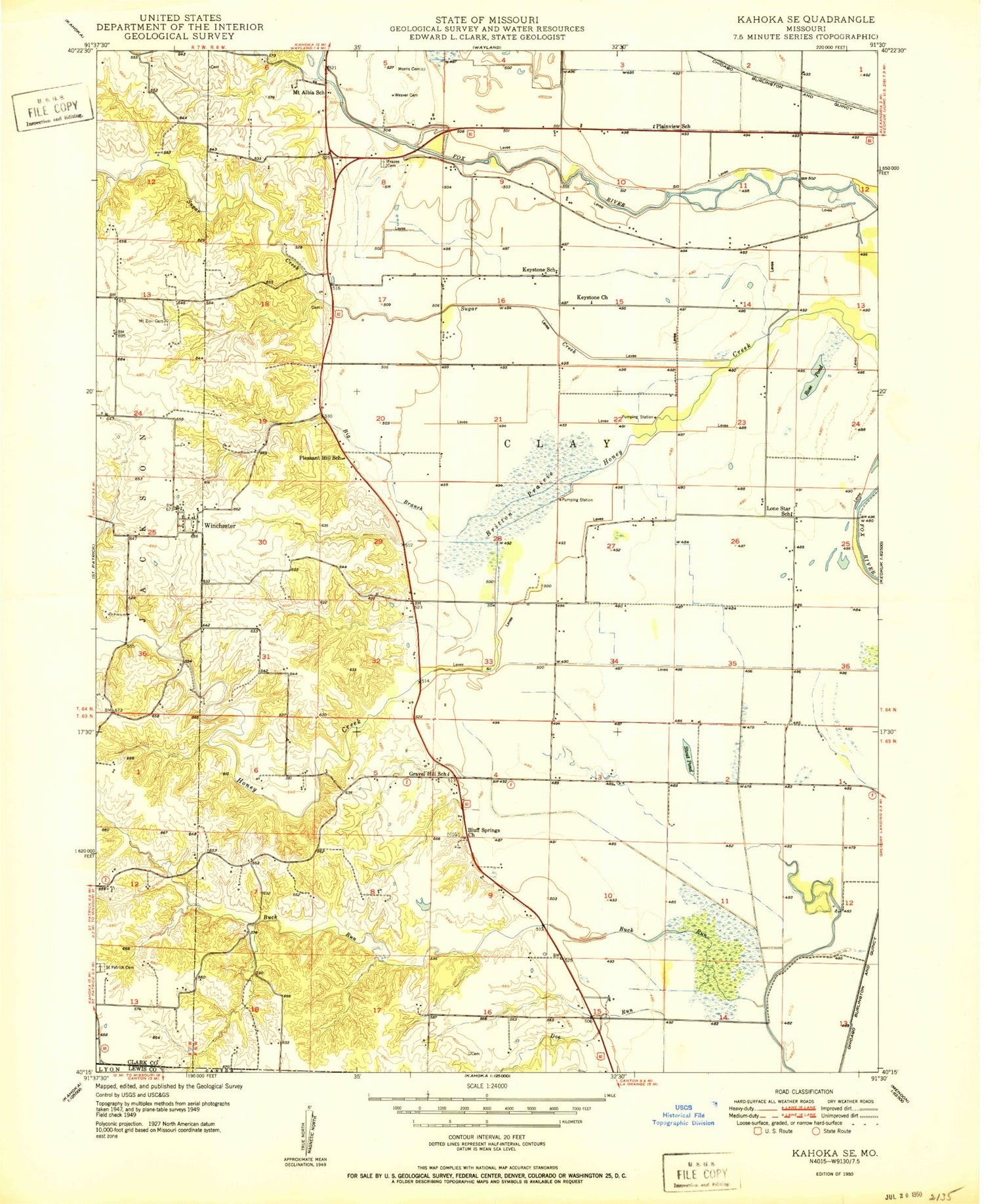 Classic USGS Kahoka SE Missouri 7.5'x7.5' Topo Map Image