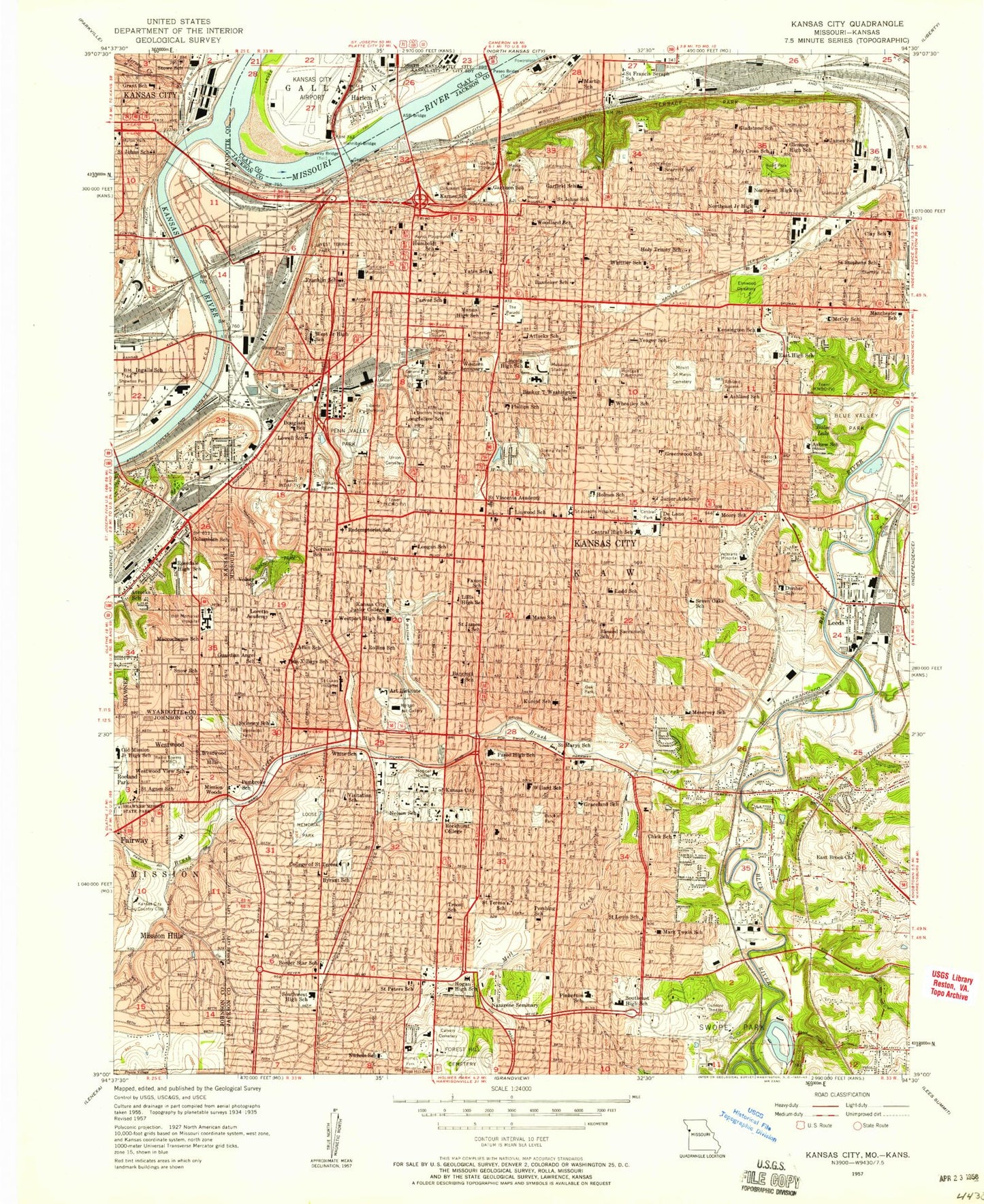 Classic USGS Kansas City Missouri 7.5'x7.5' Topo Map Image