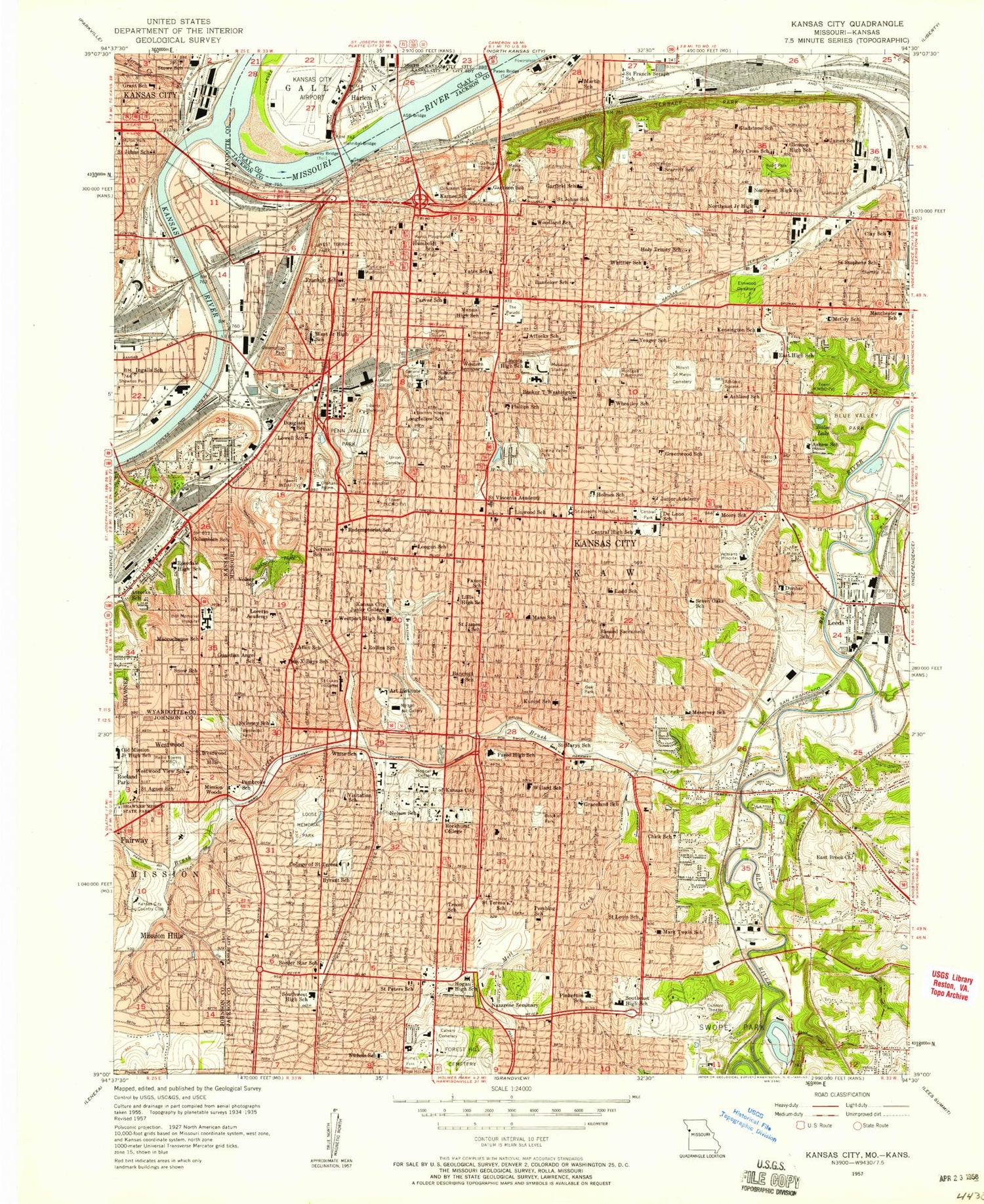 Classic USGS Kansas City Missouri 7.5'x7.5' Topo Map Image