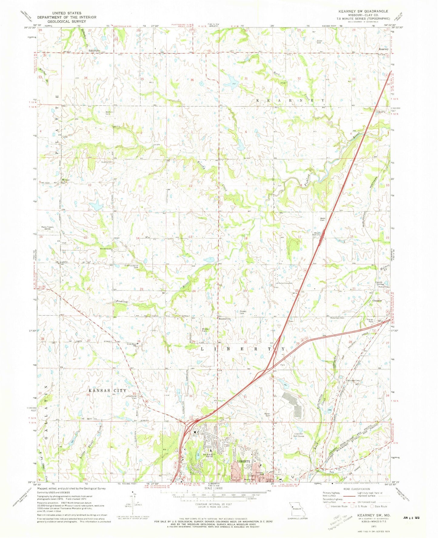 Classic USGS Kearney SW Missouri 7.5'x7.5' Topo Map Image