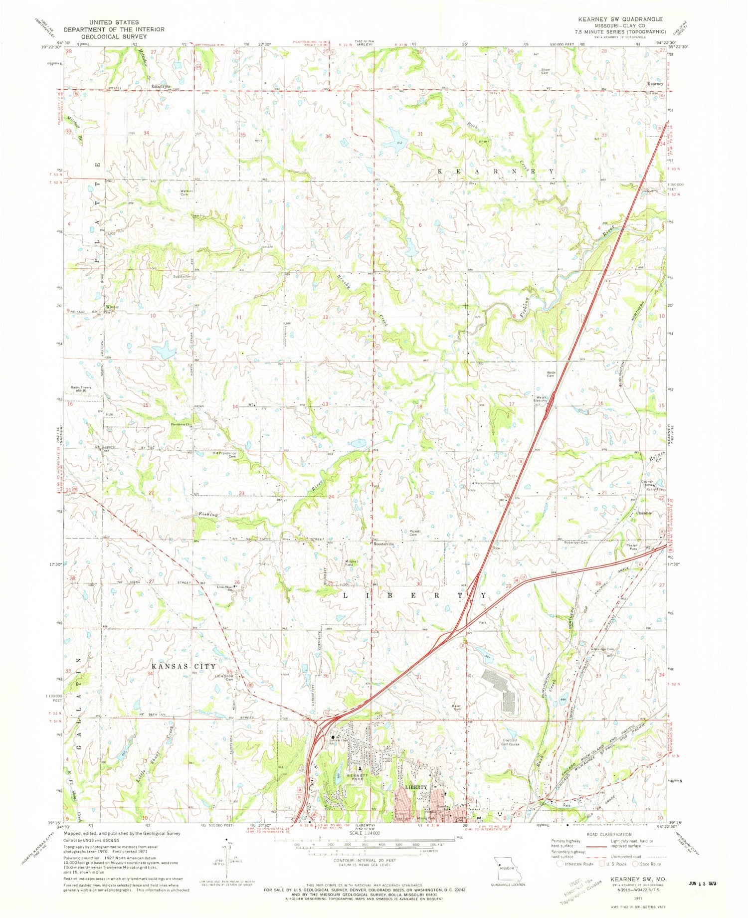 Classic USGS Kearney SW Missouri 7.5'x7.5' Topo Map Image