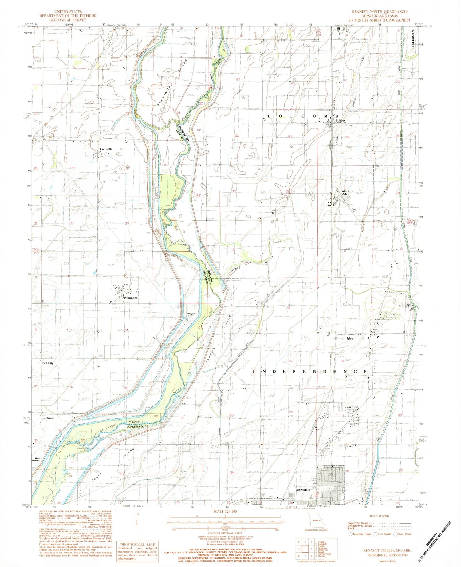 Classic USGS Kennett North Missouri 7.5'x7.5' Topo Map Image