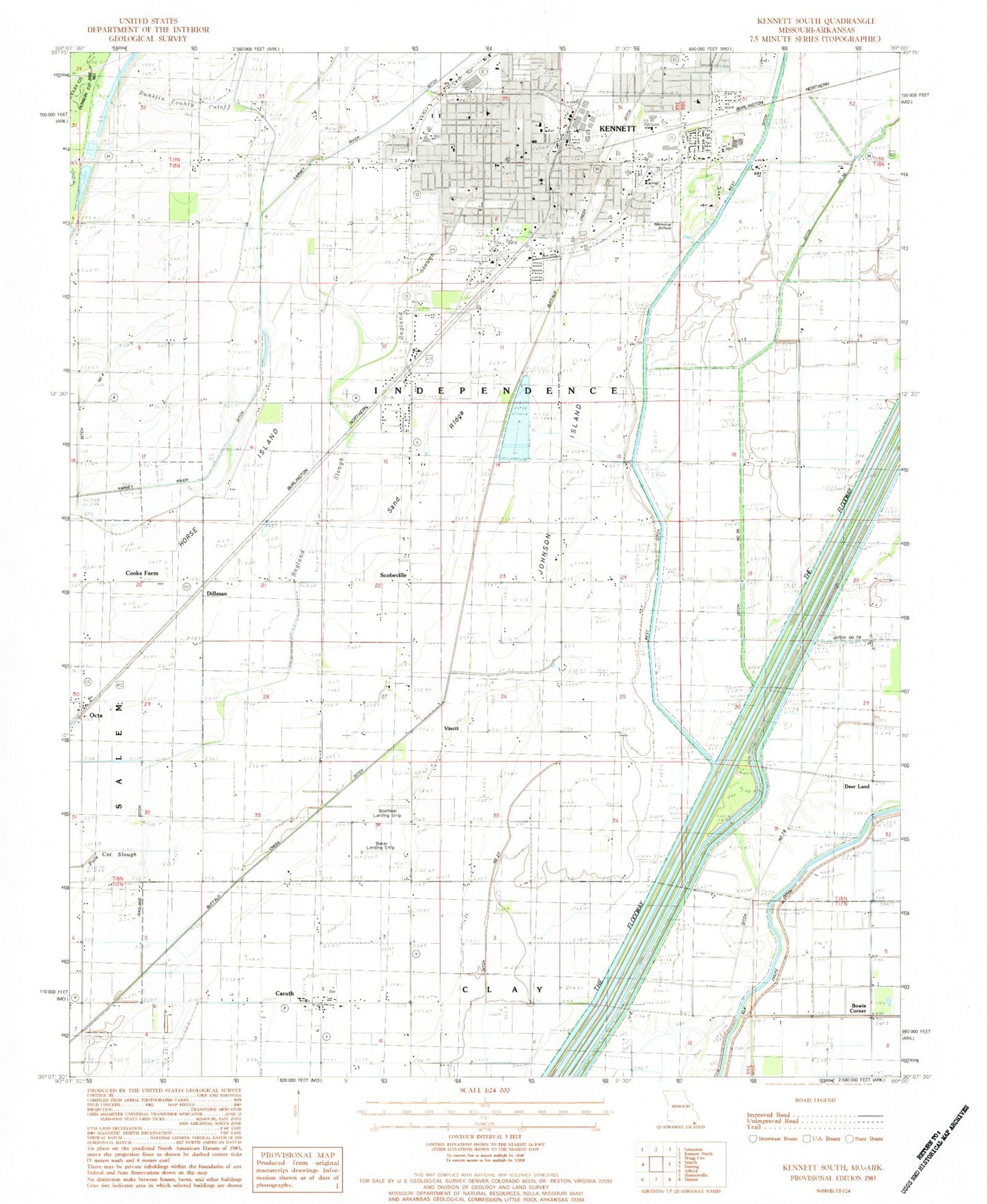 Classic USGS Kennett South Missouri 7.5'x7.5' Topo Map Image