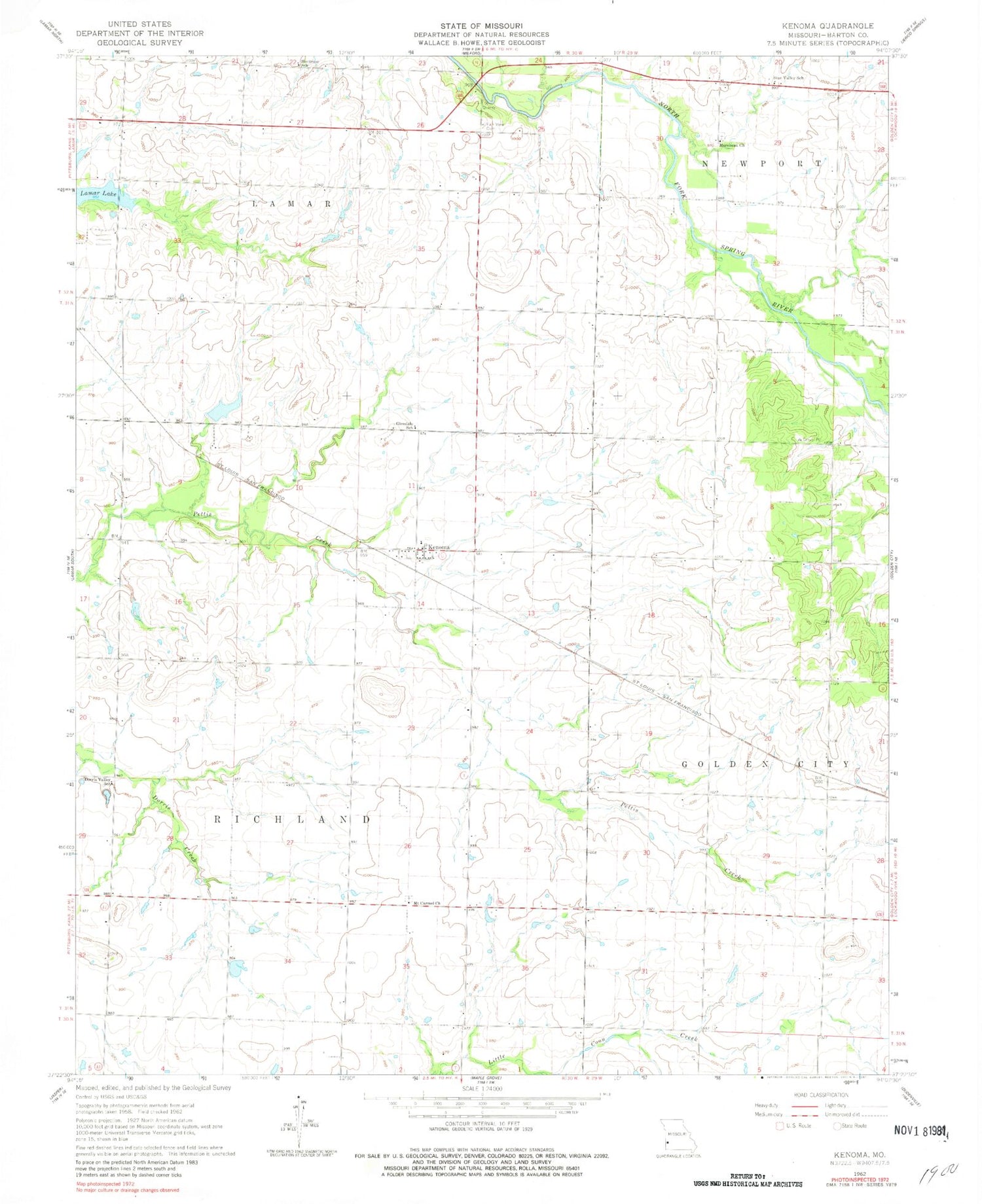 Classic USGS Kenoma Missouri 7.5'x7.5' Topo Map Image