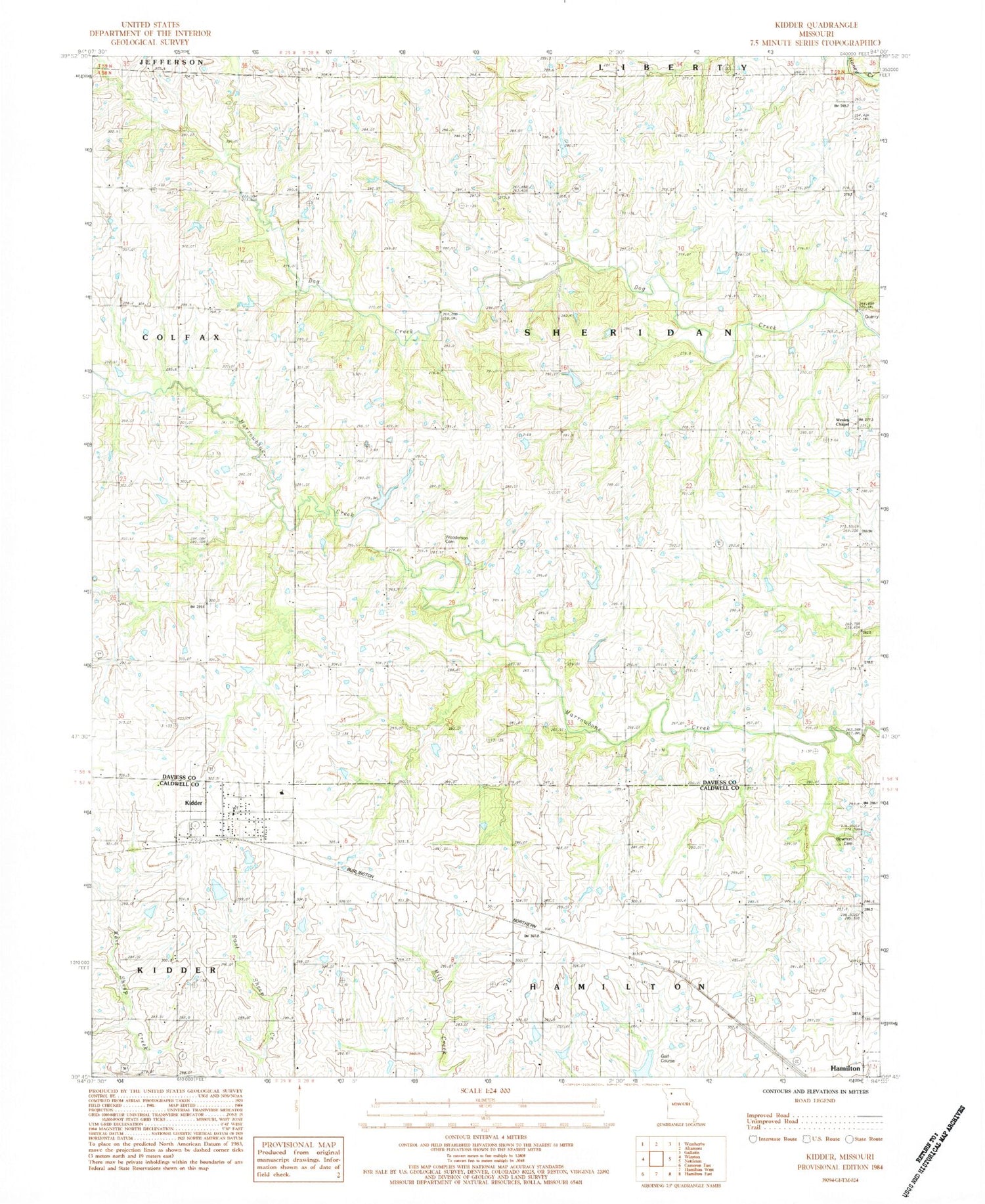 Classic USGS Kidder Missouri 7.5'x7.5' Topo Map Image