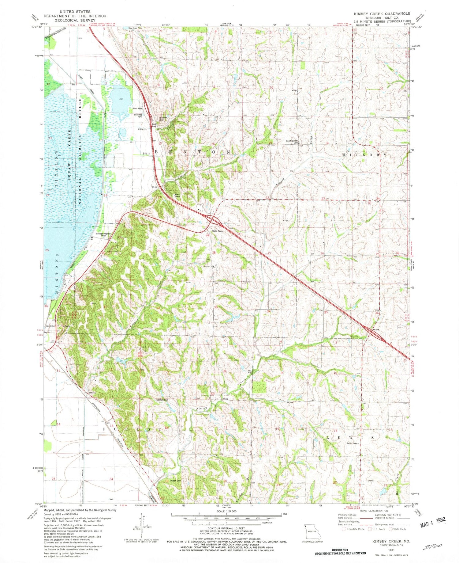 Classic USGS Kimsey Creek Missouri 7.5'x7.5' Topo Map Image