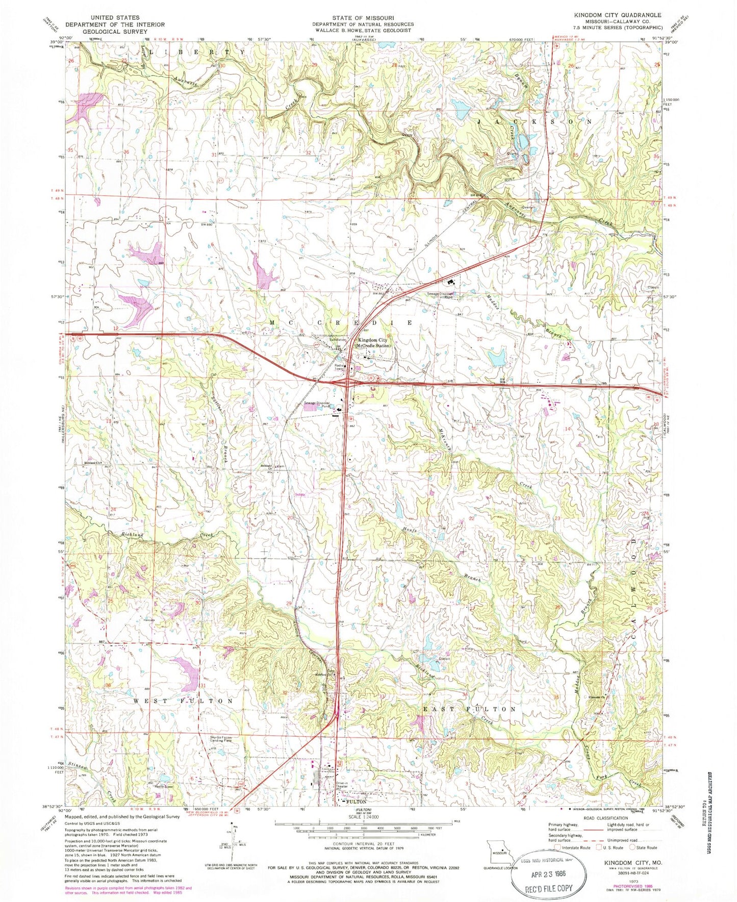 Classic USGS Kingdom City Missouri 7.5'x7.5' Topo Map Image