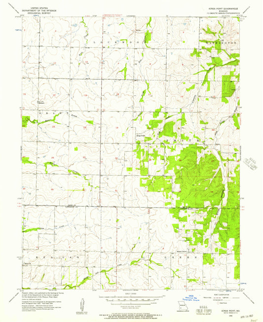 Classic USGS Kings Point Missouri 7.5'x7.5' Topo Map Image