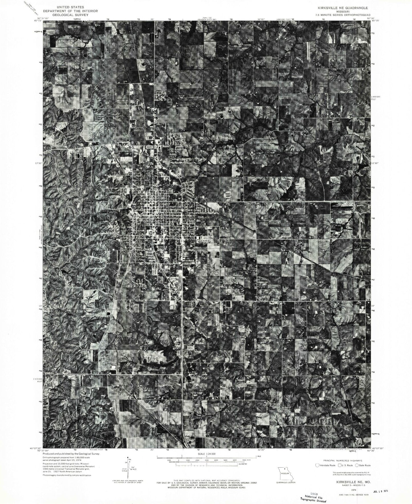 Classic USGS Kirksville Missouri 7.5'x7.5' Topo Map Image