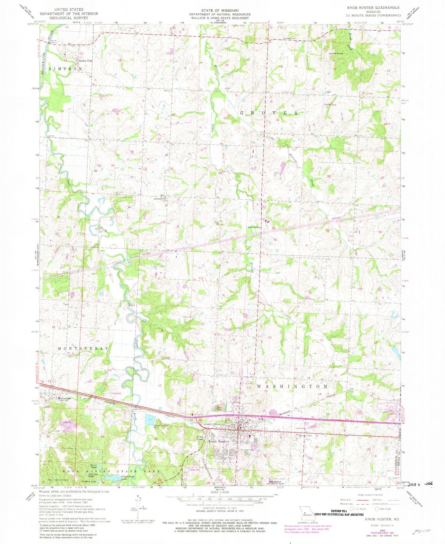 Classic USGS Knob Noster Missouri 7.5'x7.5' Topo Map Image