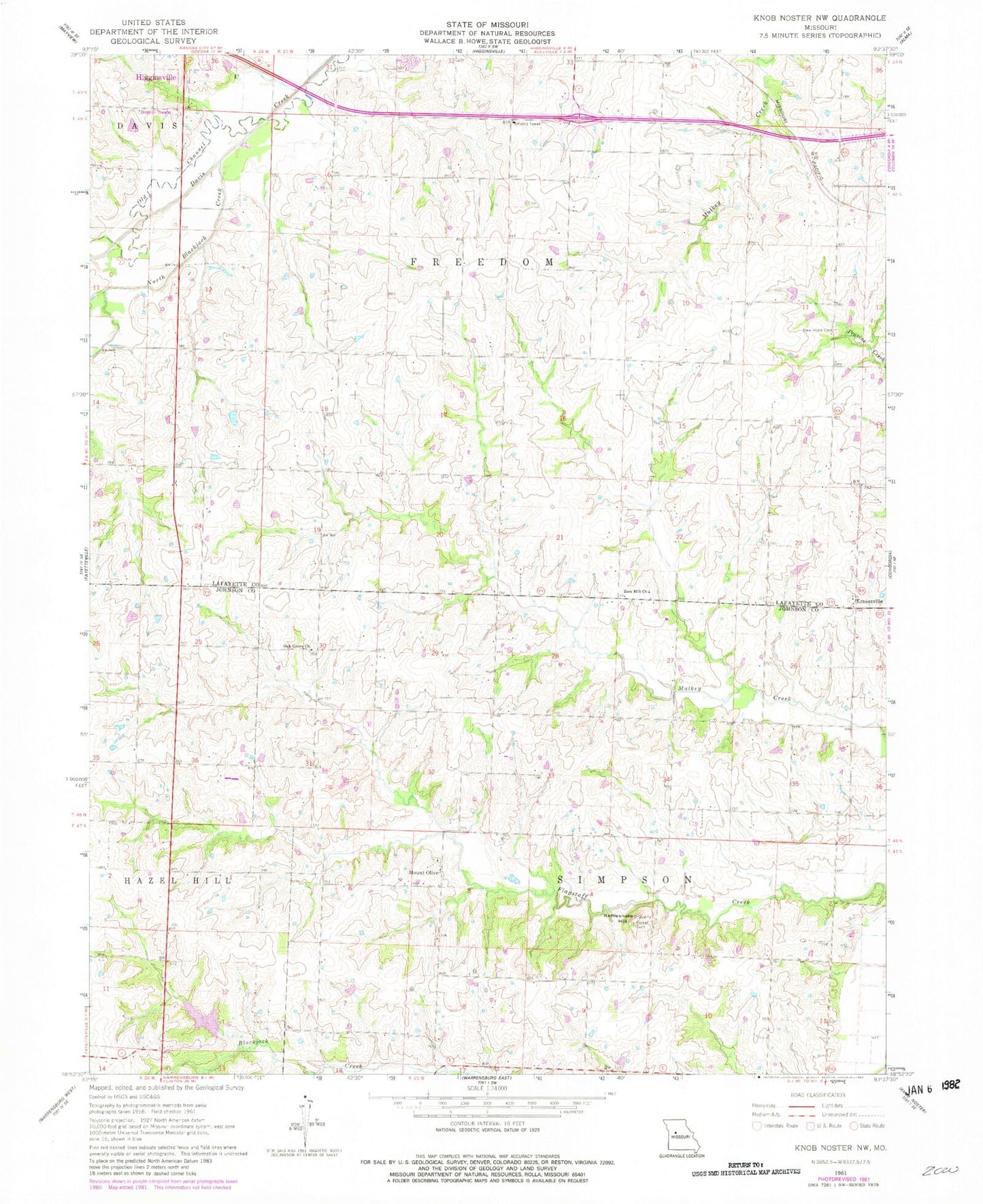 Classic USGS Knob Noster NW Missouri 7.5'x7.5' Topo Map Image