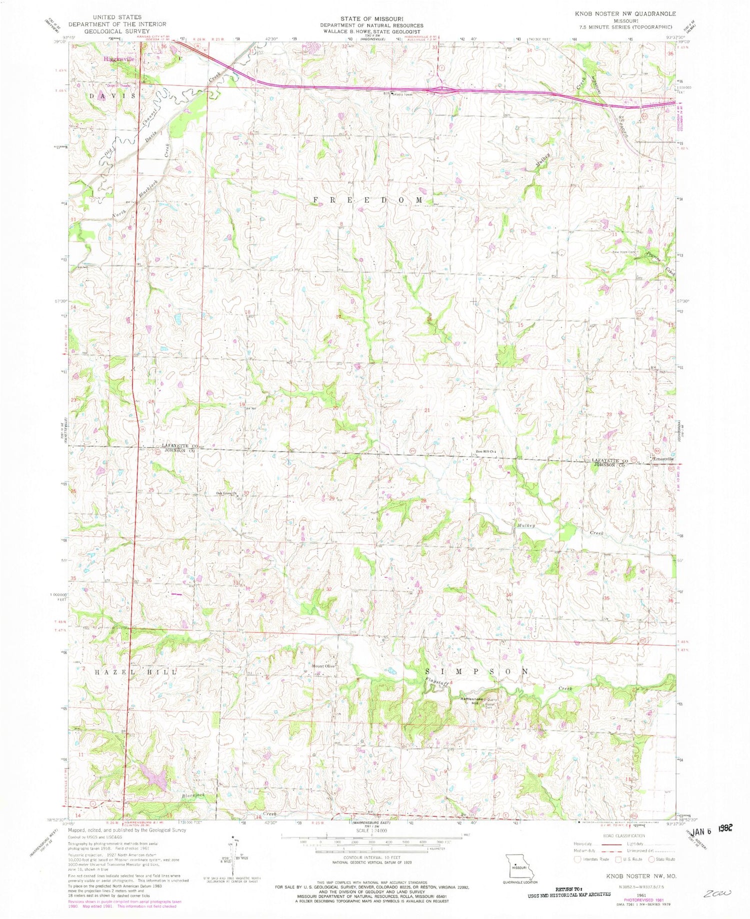 Classic USGS Knob Noster NW Missouri 7.5'x7.5' Topo Map Image