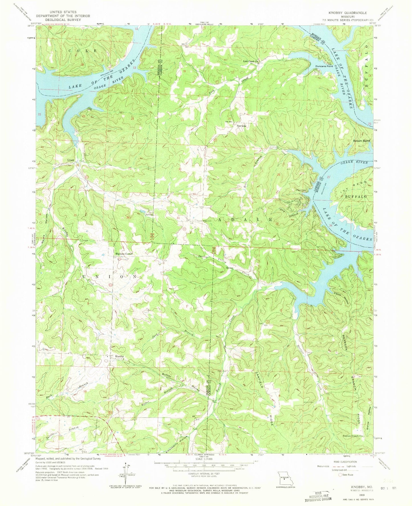 Classic USGS Knobby Missouri 7.5'x7.5' Topo Map Image
