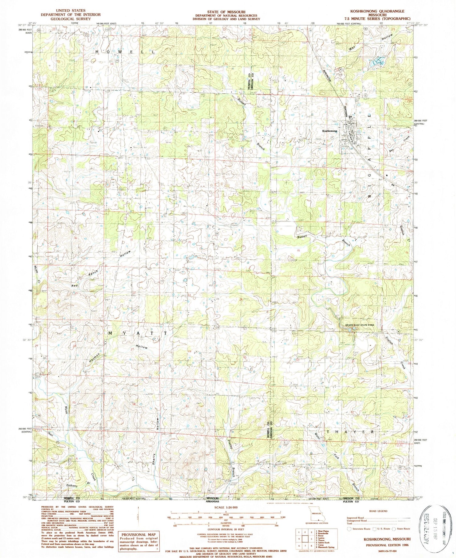 Classic USGS Koshkonong Missouri 7.5'x7.5' Topo Map Image