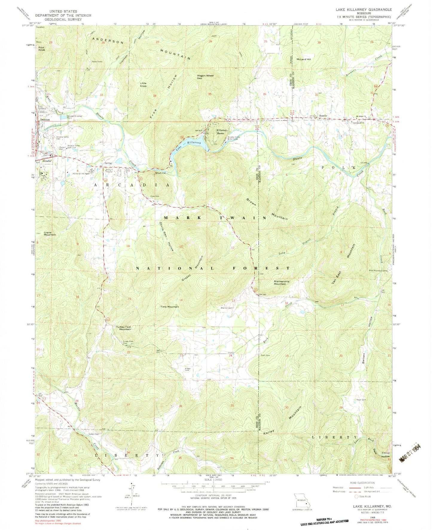 Classic USGS Lake Killarney Missouri 7.5'x7.5' Topo Map Image