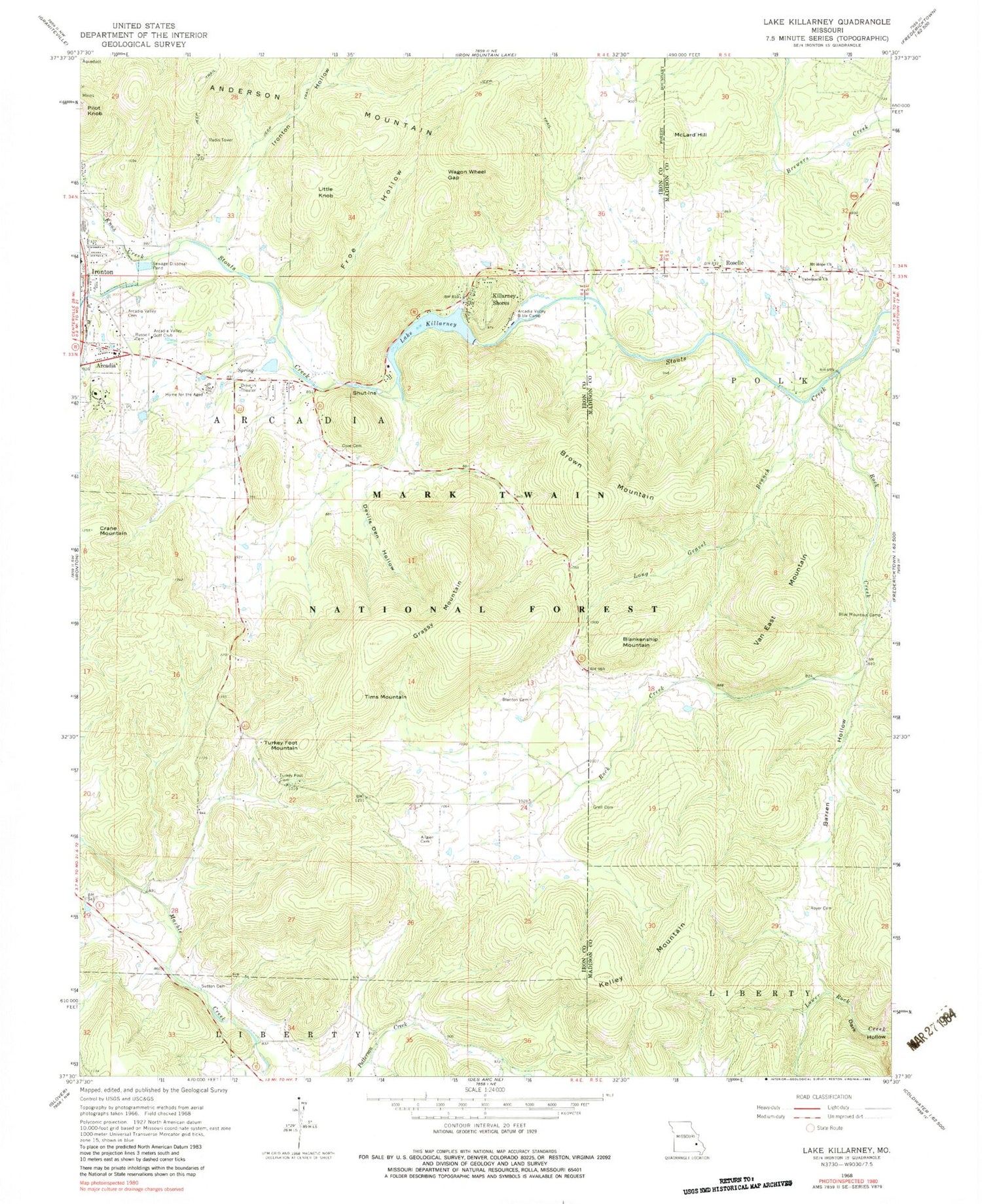 Classic USGS Lake Killarney Missouri 7.5'x7.5' Topo Map Image
