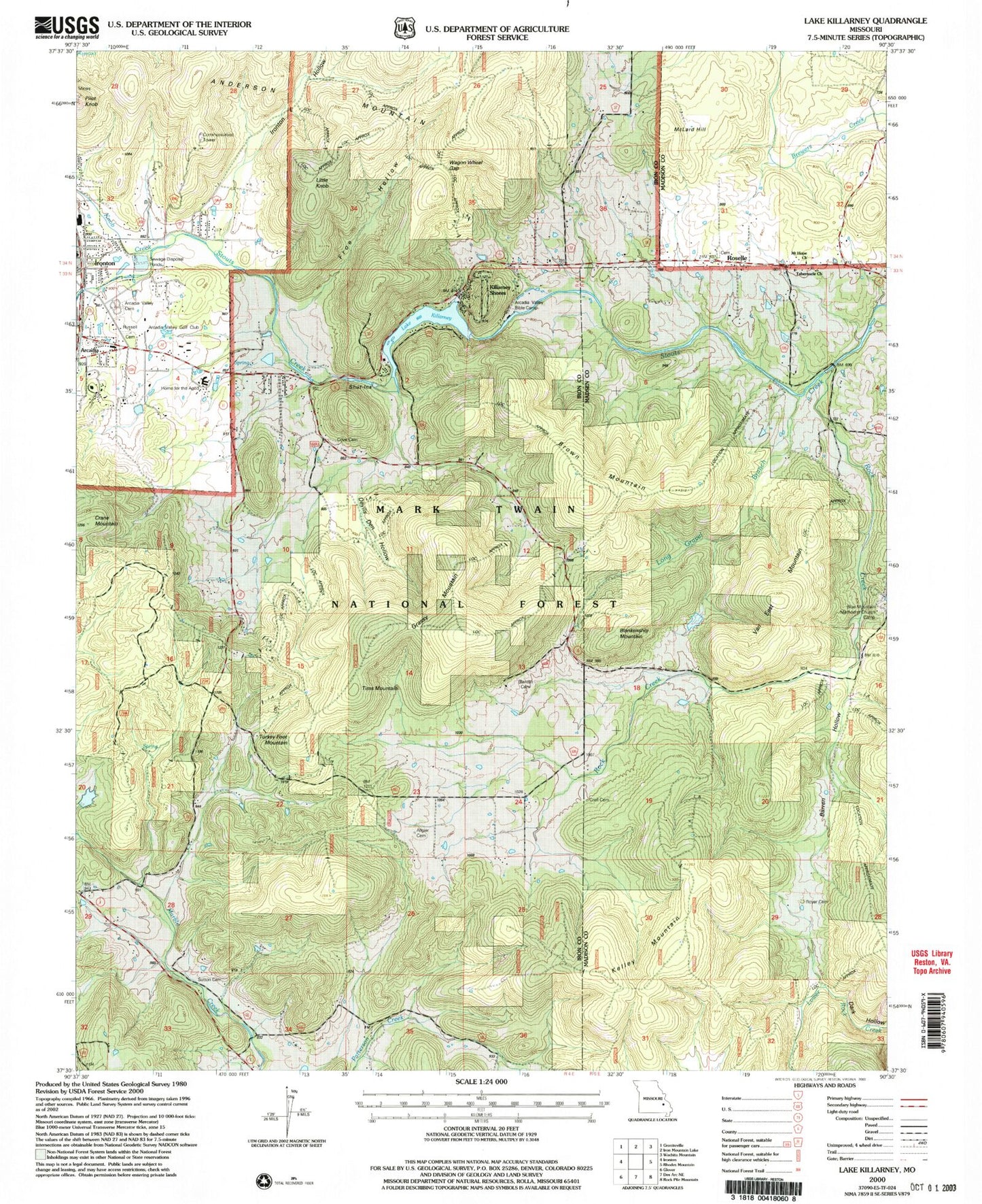 Classic USGS Lake Killarney Missouri 7.5'x7.5' Topo Map Image