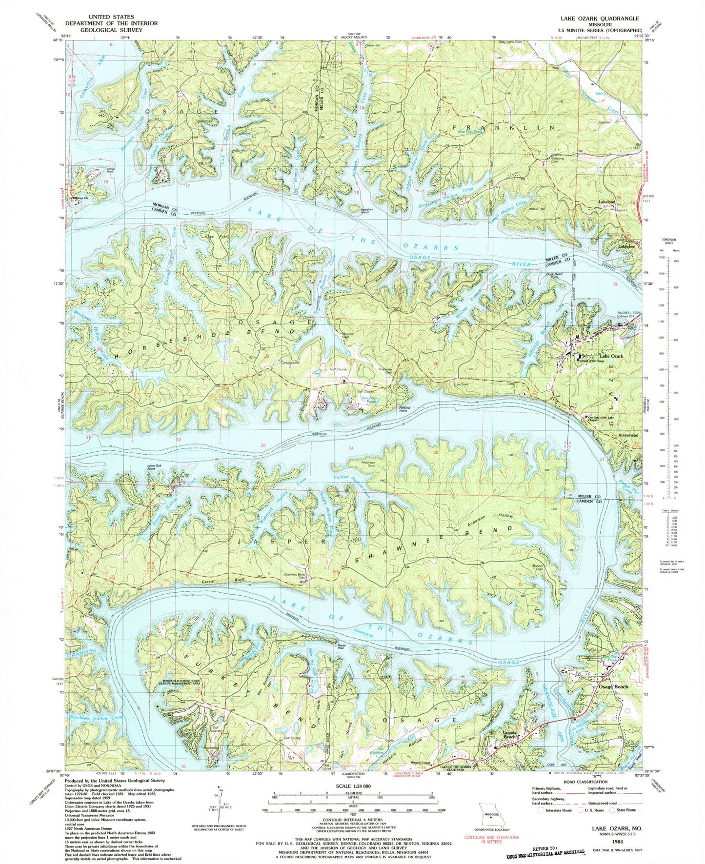 Classic USGS Lake Ozark Missouri 7.5'x7.5' Topo Map Image