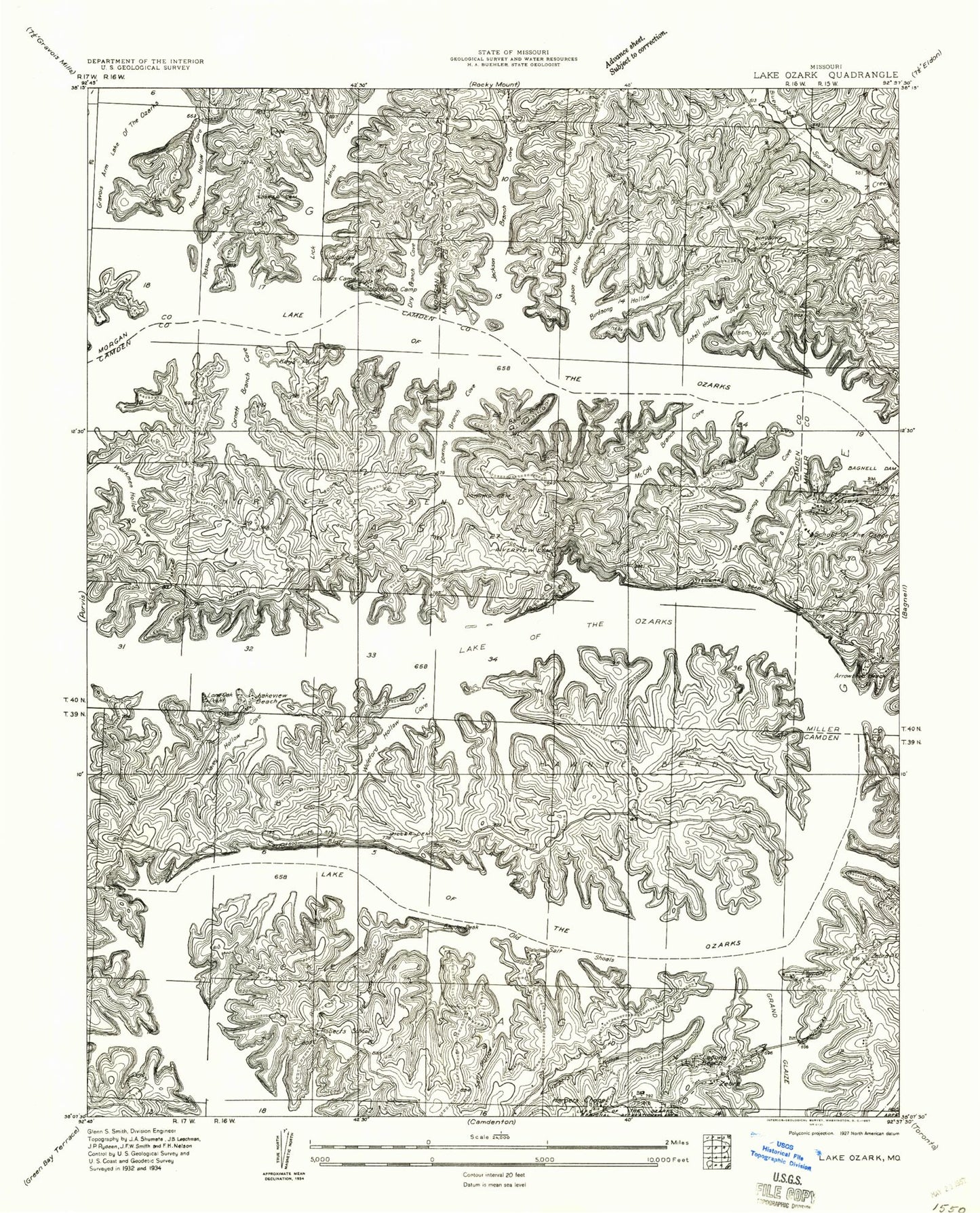 Classic USGS Lake Ozark Missouri 7.5'x7.5' Topo Map Image