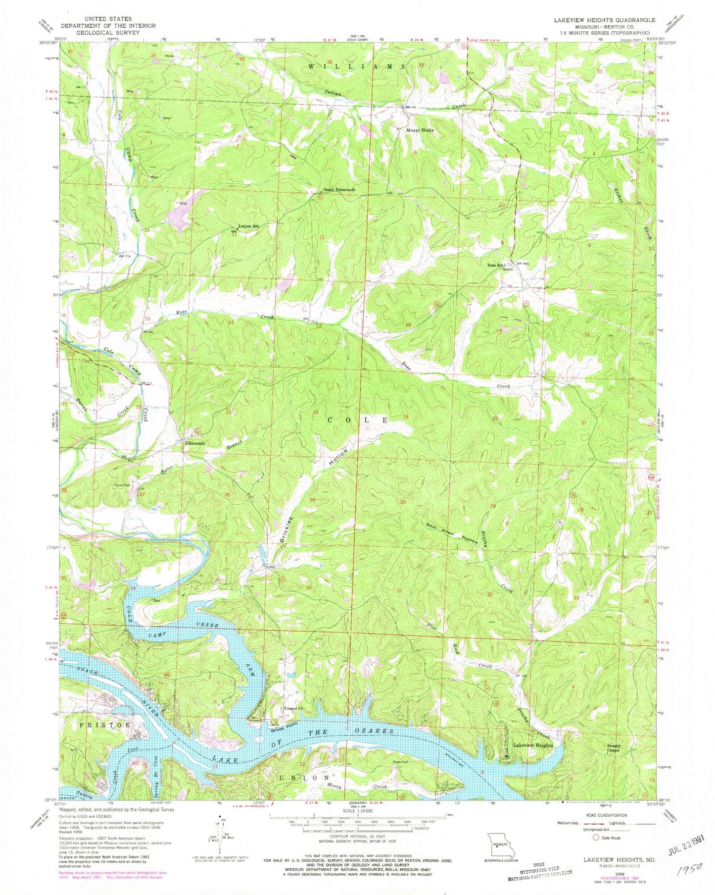 Classic USGS Lakeview Heights Missouri 7.5'x7.5' Topo Map Image