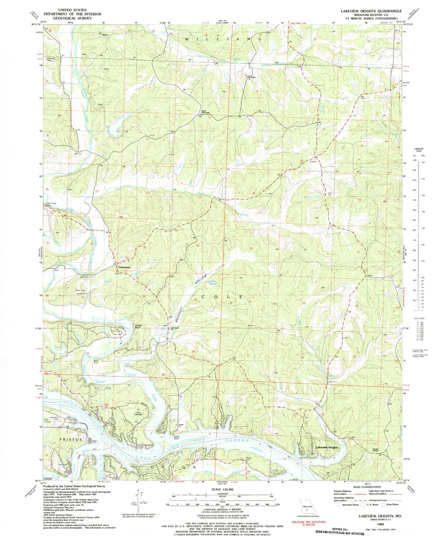 Classic USGS Lakeview Heights Missouri 7.5'x7.5' Topo Map Image