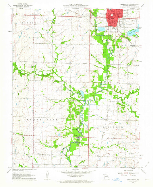 Classic USGS Lamar South Missouri 7.5'x7.5' Topo Map Image