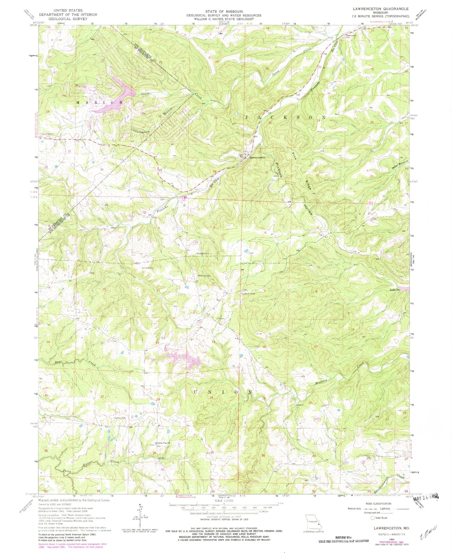 Classic USGS Lawrenceton Missouri 7.5'x7.5' Topo Map Image