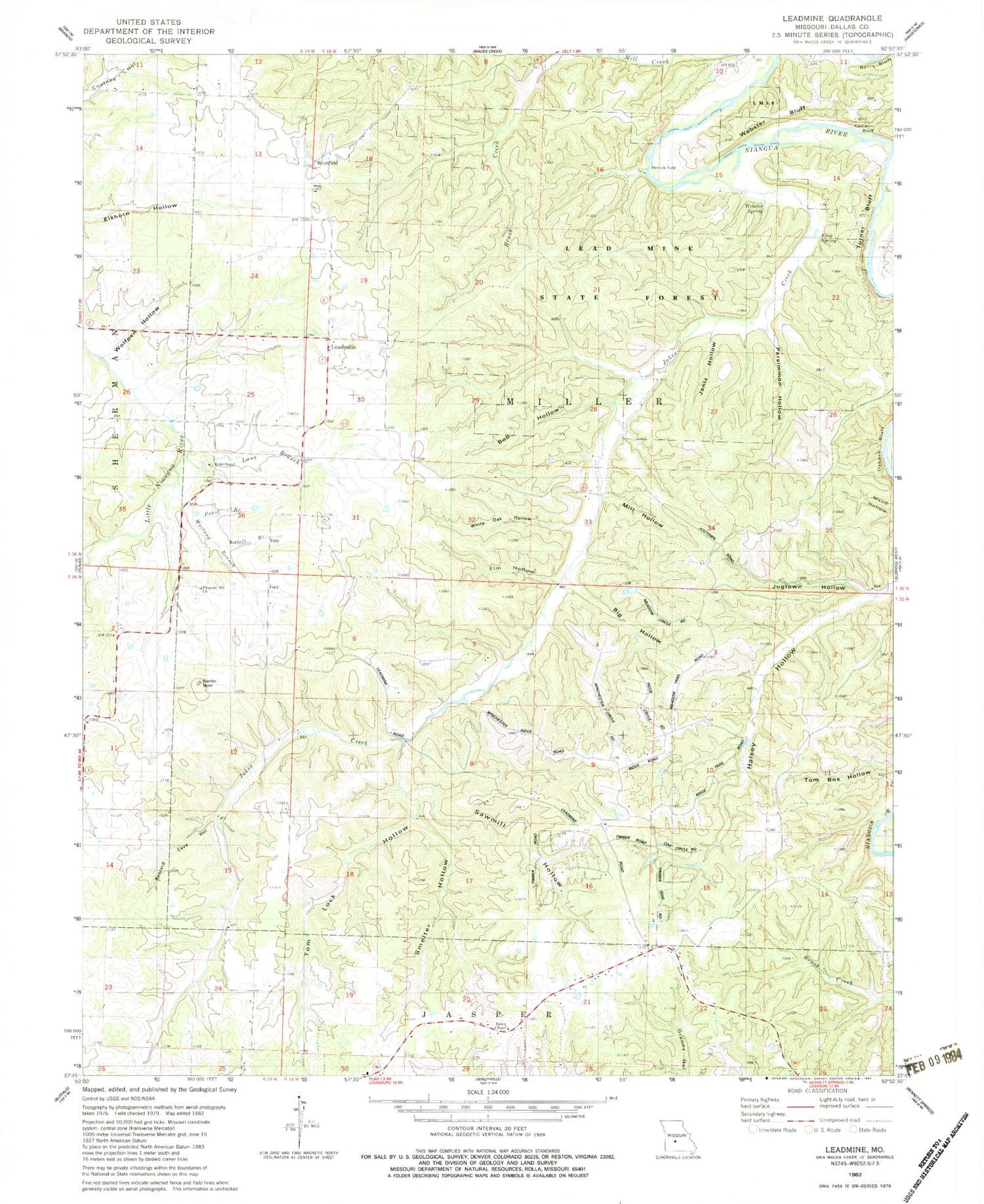 Classic USGS Leadmine Missouri 7.5'x7.5' Topo Map Image