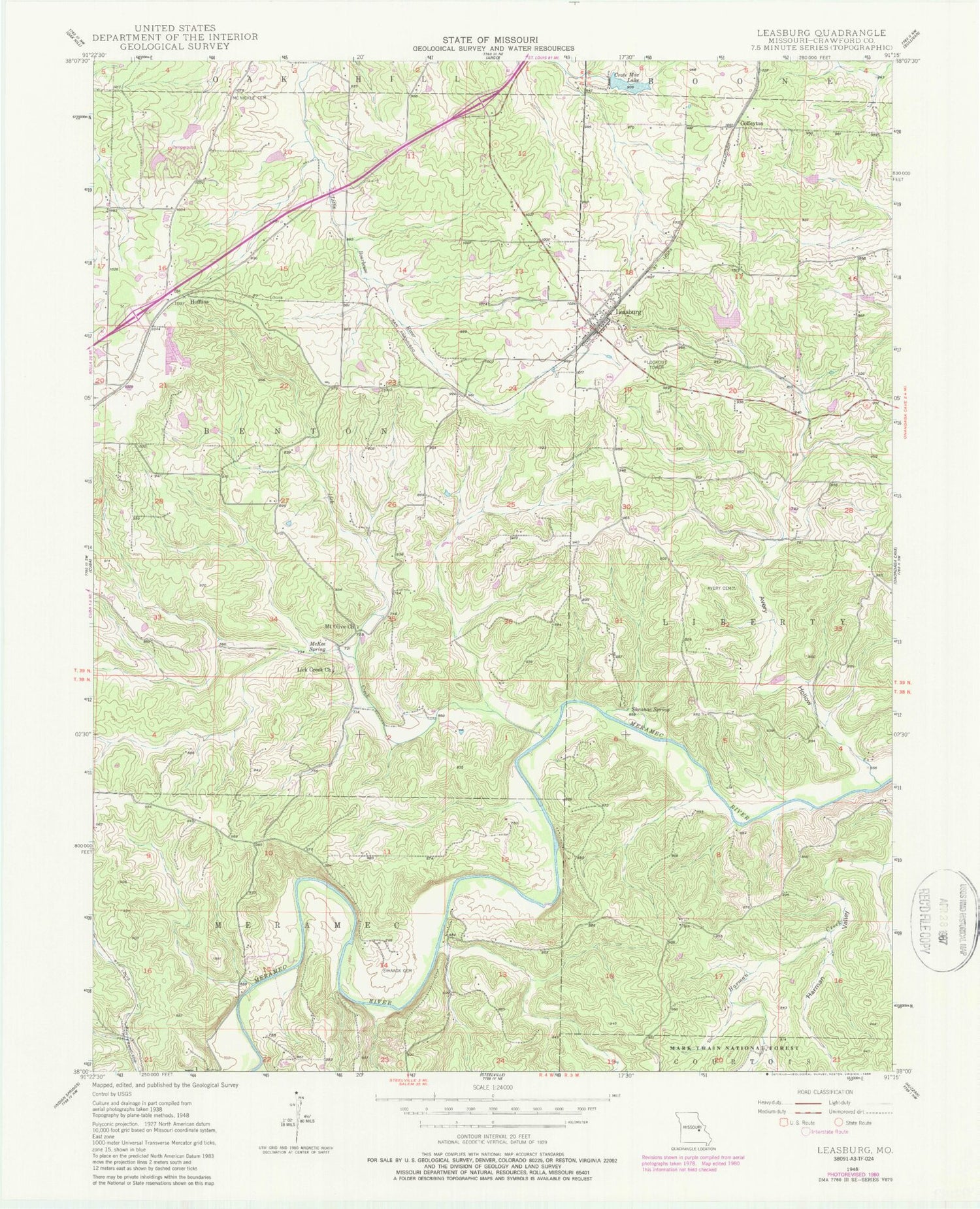 Classic USGS Leasburg Missouri 7.5'x7.5' Topo Map Image
