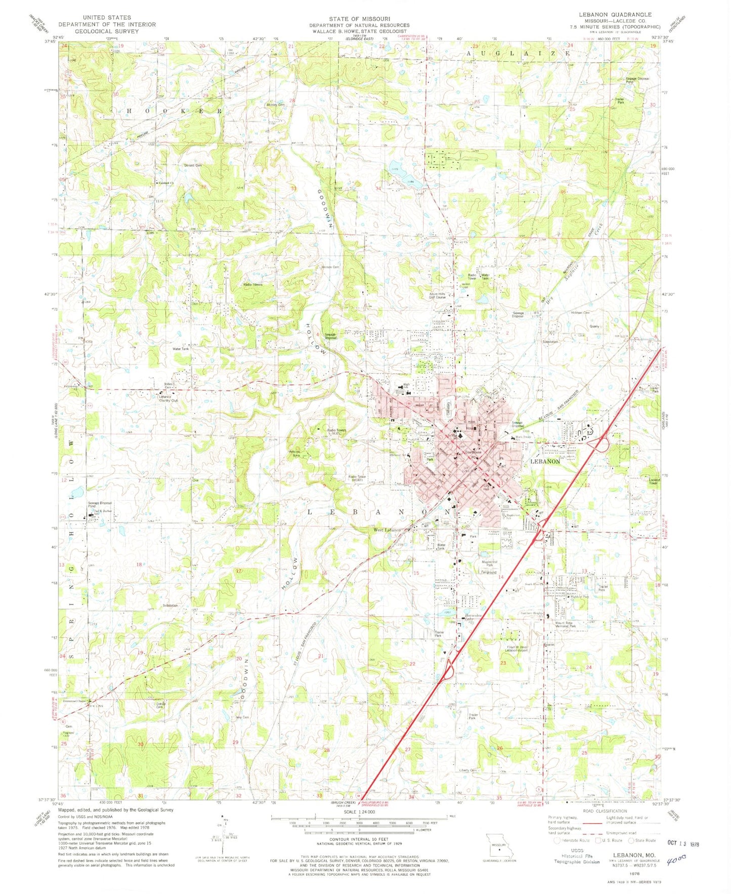 Classic USGS Lebanon Missouri 7.5'x7.5' Topo Map Image