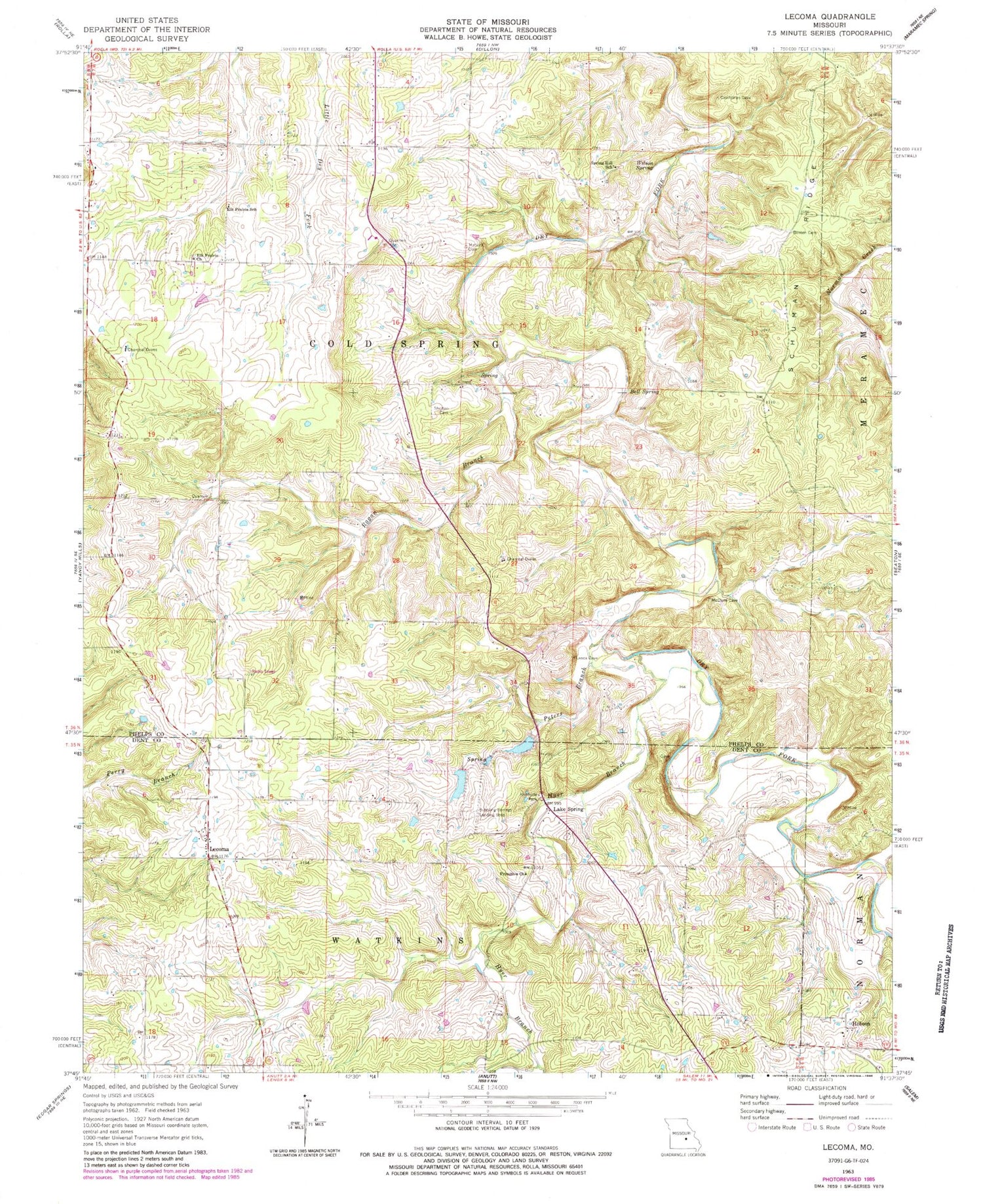 Classic USGS Lecoma Missouri 7.5'x7.5' Topo Map Image