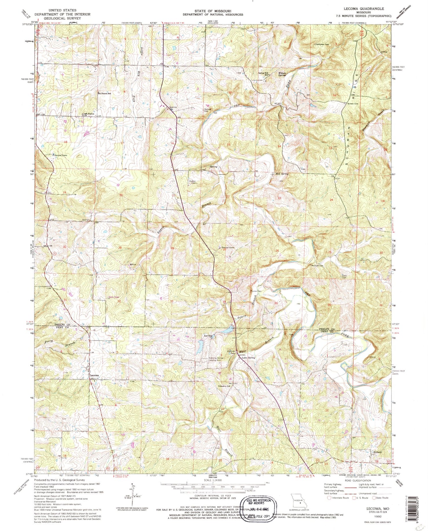Classic USGS Lecoma Missouri 7.5'x7.5' Topo Map Image