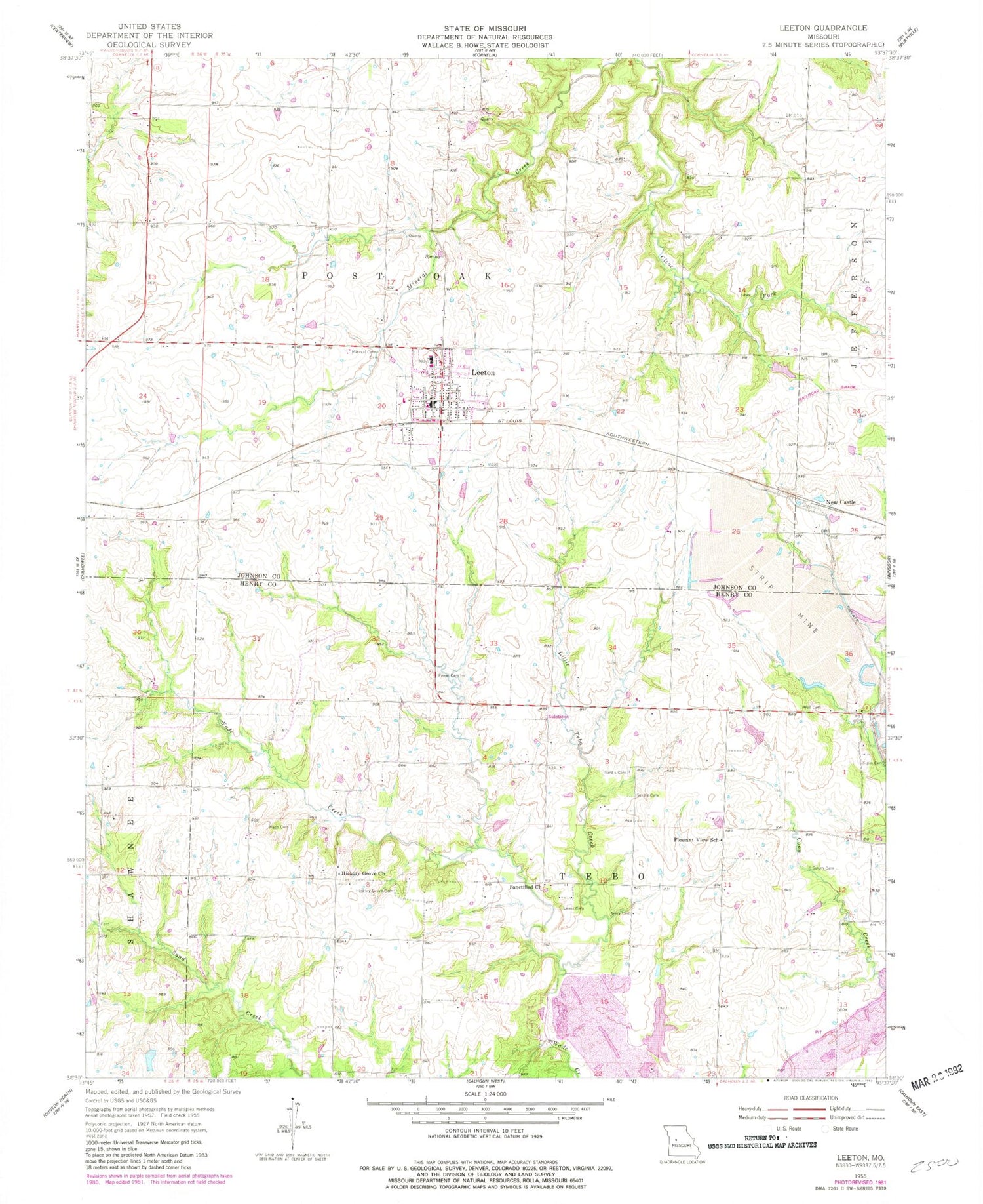Classic USGS Leeton Missouri 7.5'x7.5' Topo Map Image
