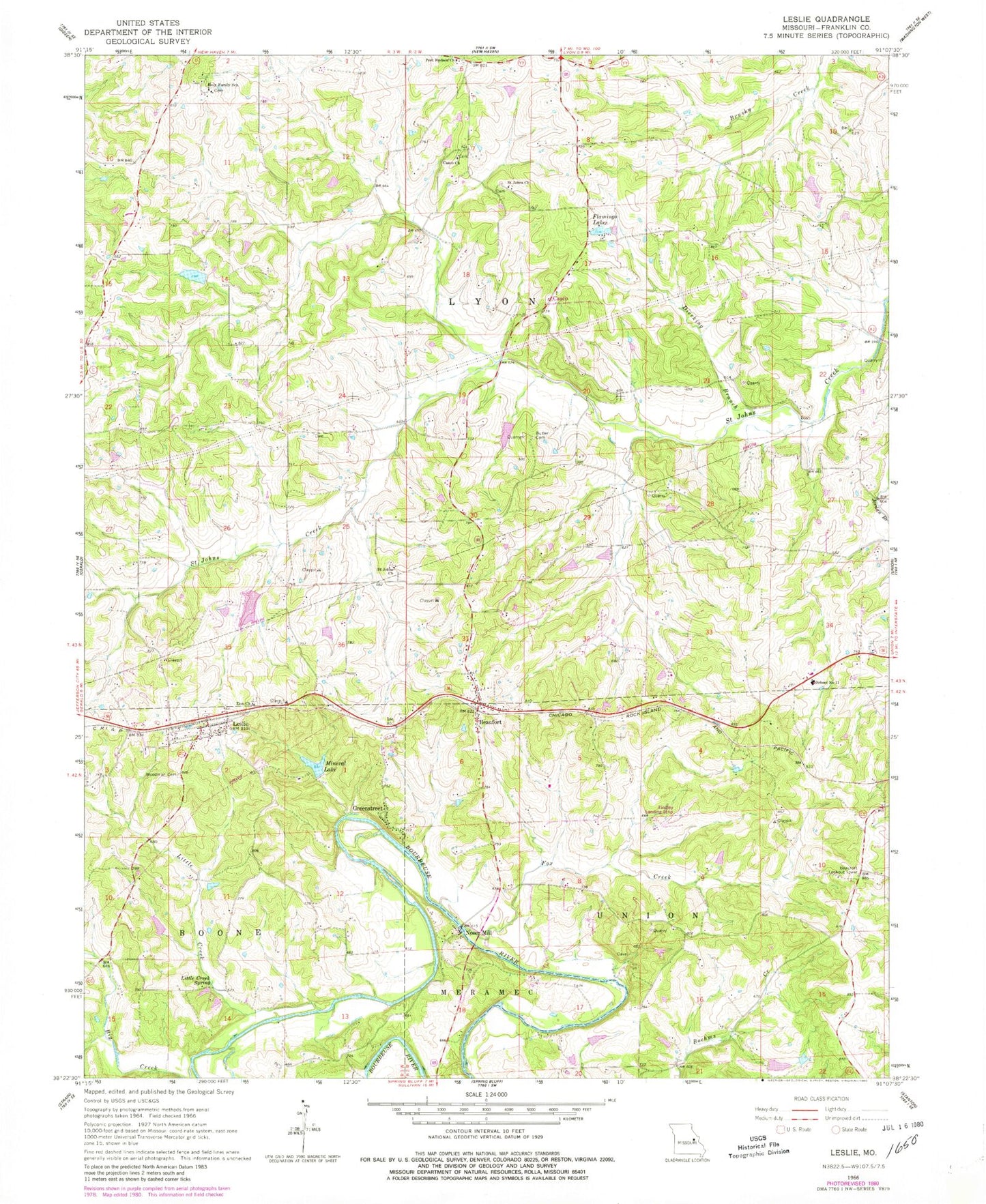 Classic USGS Leslie Missouri 7.5'x7.5' Topo Map Image