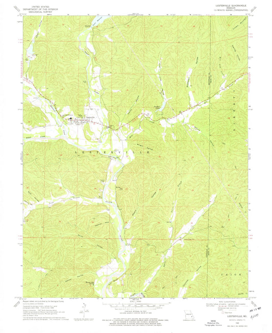 Classic USGS Lesterville Missouri 7.5'x7.5' Topo Map Image