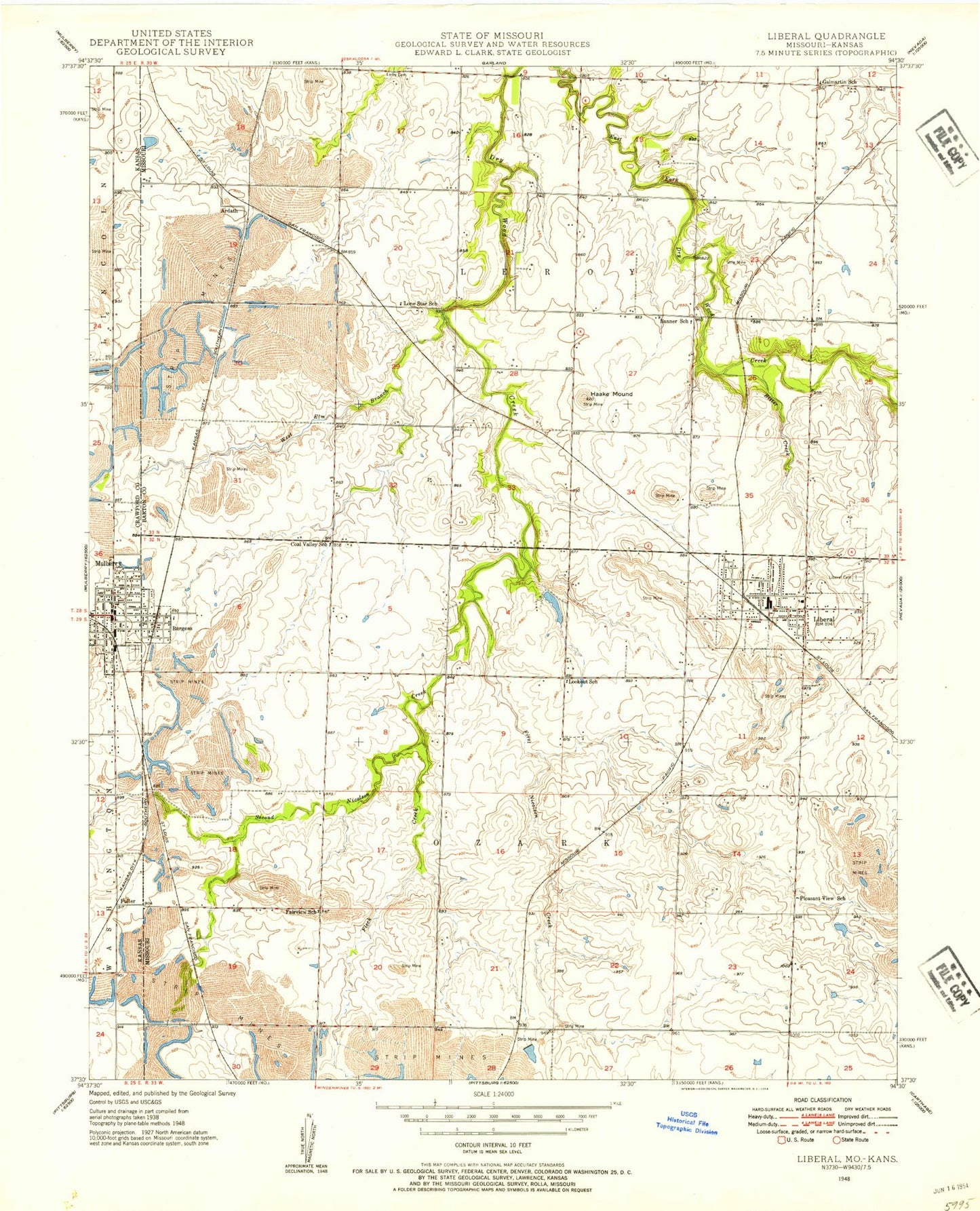 Classic USGS Liberal Missouri 7.5'x7.5' Topo Map Image