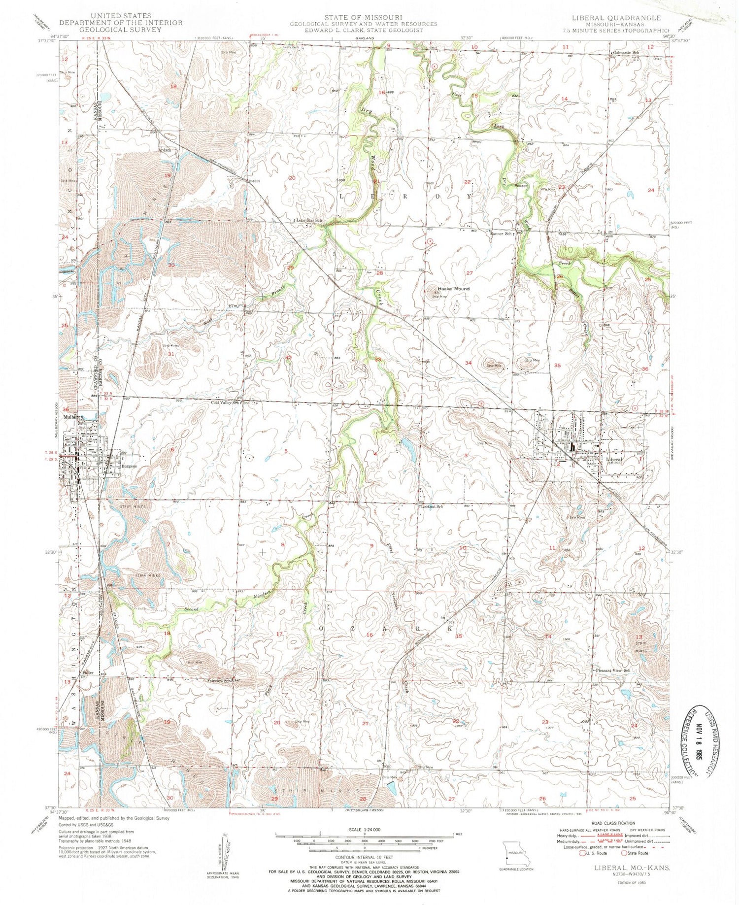 Classic USGS Liberal Missouri 7.5'x7.5' Topo Map Image