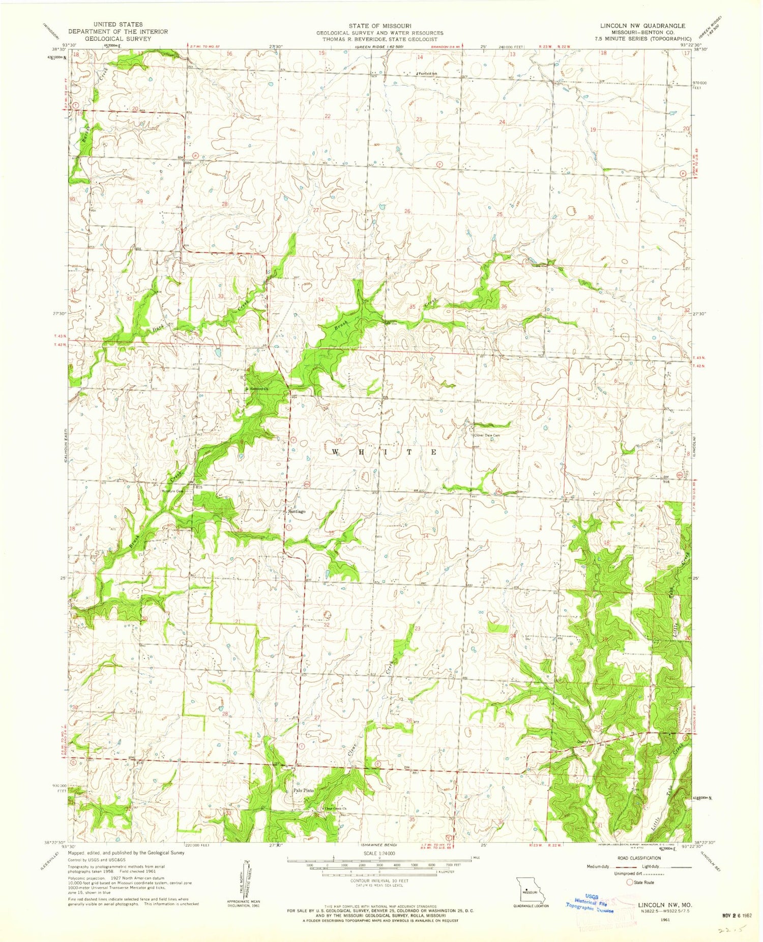 Classic USGS Lincoln NW Missouri 7.5'x7.5' Topo Map Image